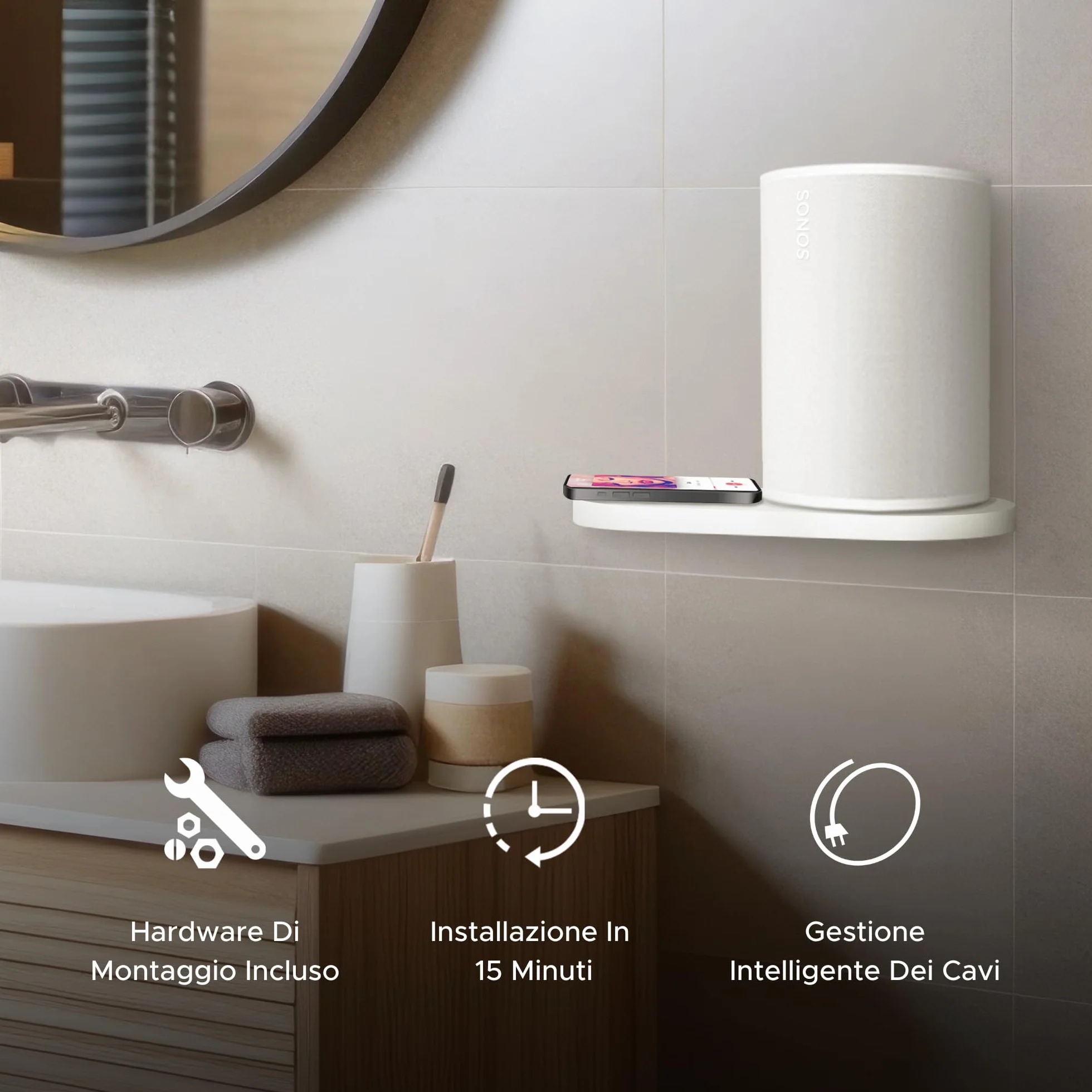 Supporto a Mensola da Parete ERA 100 Bianco per Sonos ERA100 & ERA 100 SL, Singolo, Gestione Cavi
