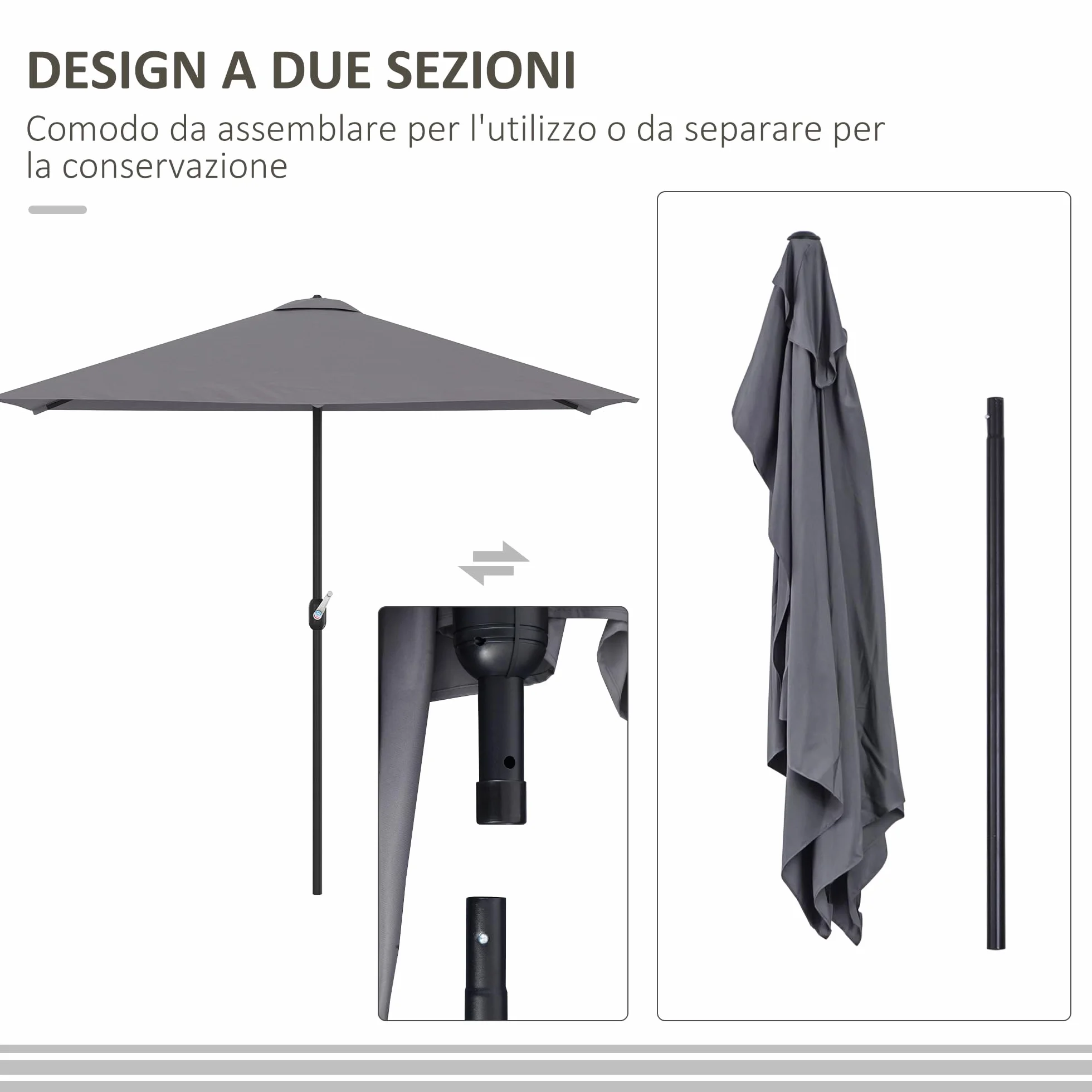 Outsunny Ombrellone Mezzaluna da Parete e Muro 2.3x1.3 m con Apertura a Manovella, Ombrellone da Giardino con 5 Stecche in Metallo e Poliestere 180g/㎡, Anti UV, per Terrazza e Balcone