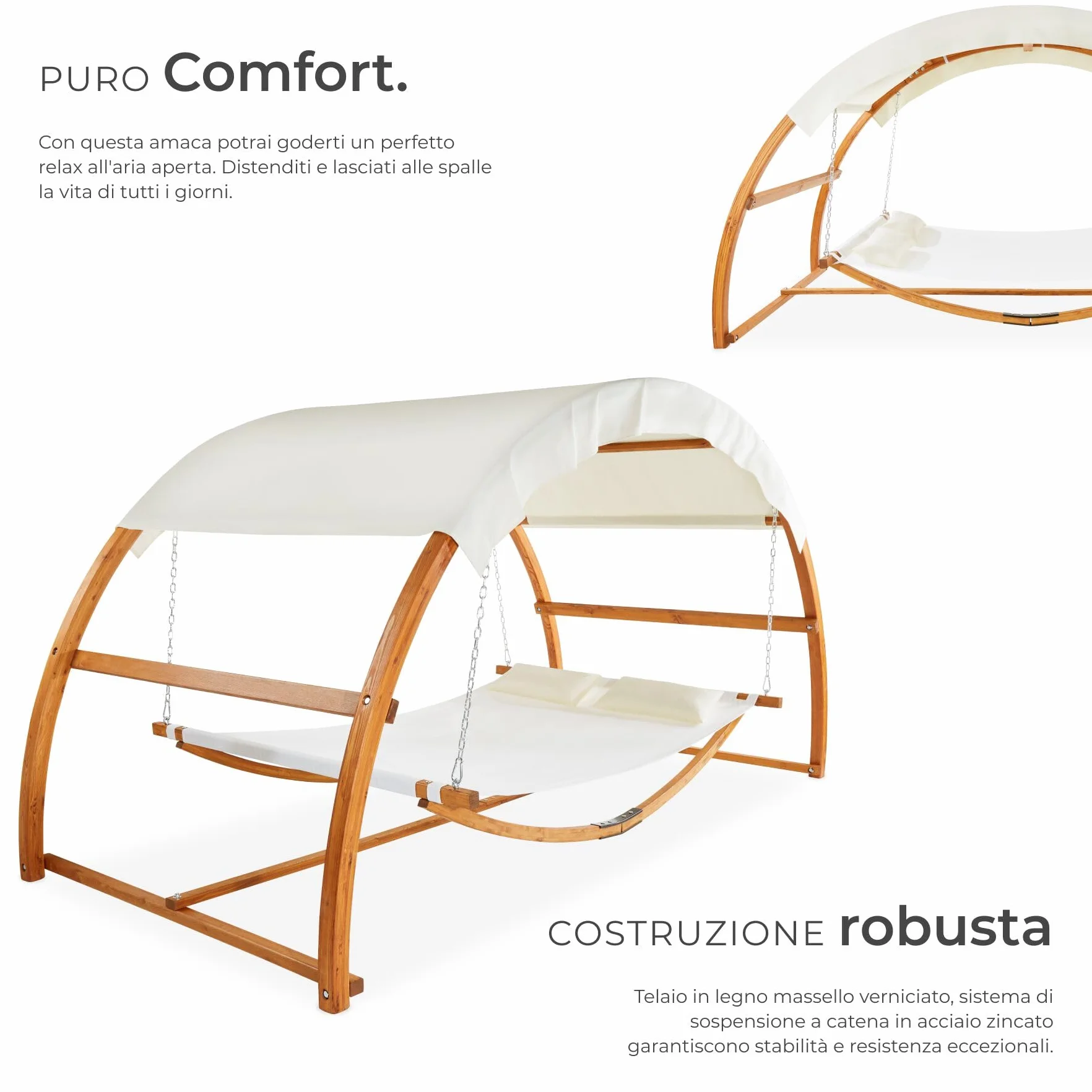 tectake® Amaca da Esterno per 2 Persone, Amaca XXL con Tettuccio Parasole, Struttura in Legno Robusta, Tessuto Traspirante e Idrorepellente, Inclusi Comodi Cuscini, Teak, 328 x 160 x 171,5 cm