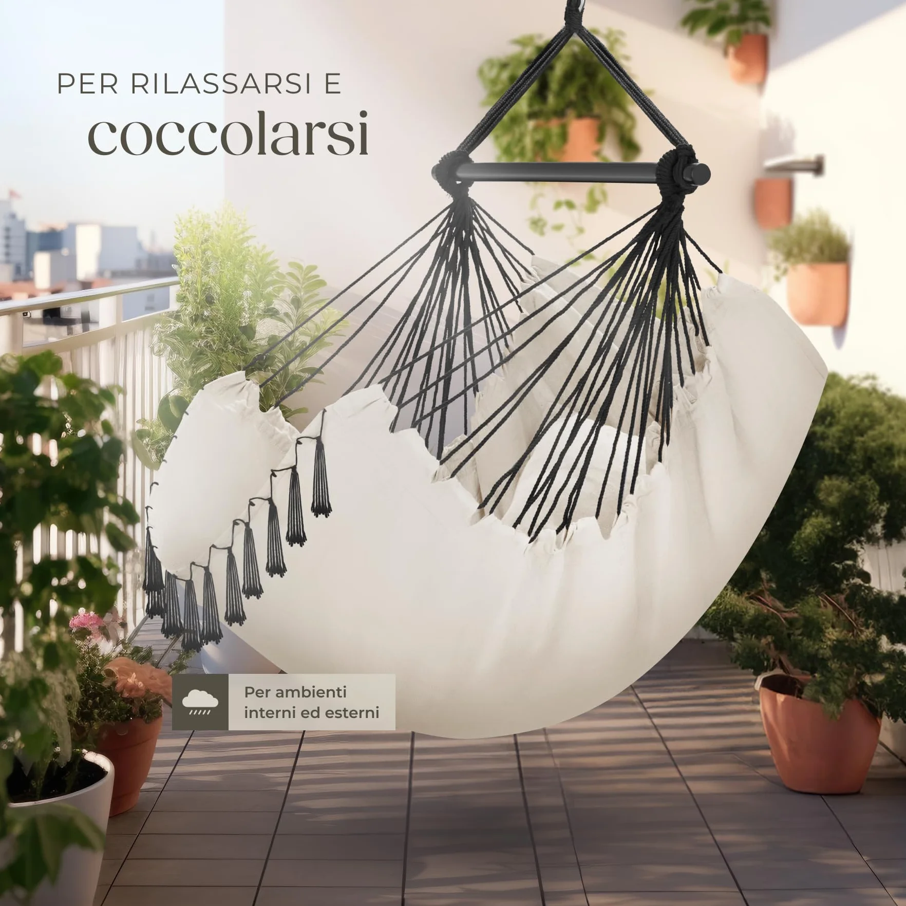 tectake® Poltrona Sospesa Malika, Stile Bohemien, Tessuto Misto Cotone-Poliestere Traspirante, Cuscini Extra Spessi, Scomparto per Libri, Appoggio per Bibite Regolabile, Carico Massimo 150kg - Beige