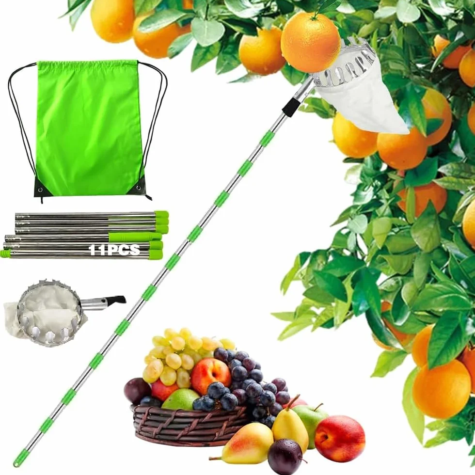 TUIBEIDAMAI Raccoglitore di Frutta con Manico Telescopico 4,25M, Raccoglitore di Mele Diametro 16 cm, Raccoglitore di Ciliegie con Sacchetto di Cotone, Raccoglitore di Frutta in Acciaio Inox per