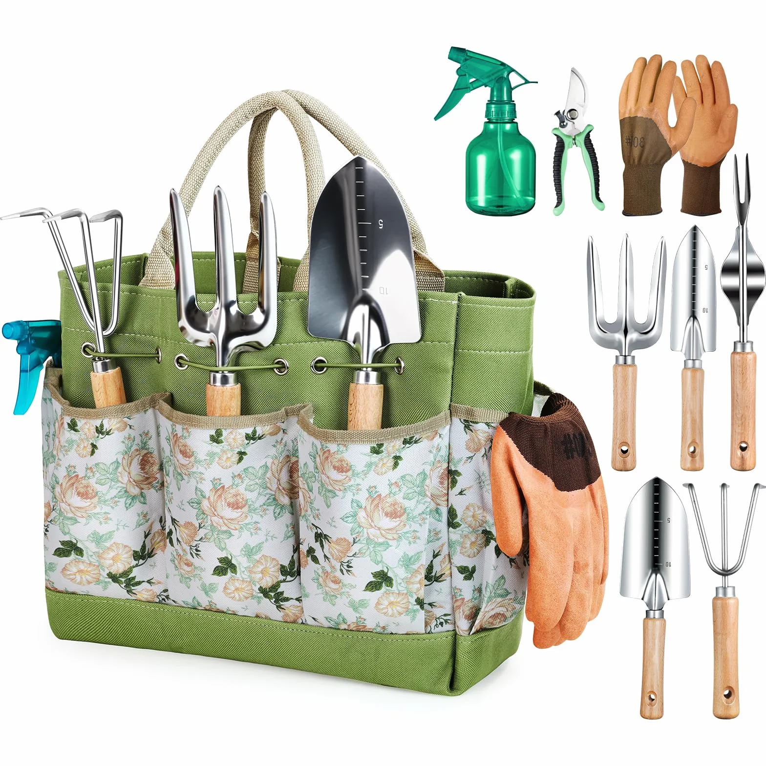 Grenebo Set di Attrezzi da Giardinaggio, 9 Pezzi Pesanti Attrezzi Giardinaggio con Cesoie da Potatura e Borsa da Viaggio con Manico XL, Set Giardinaggio Regali da Giardino per Uomo Donna