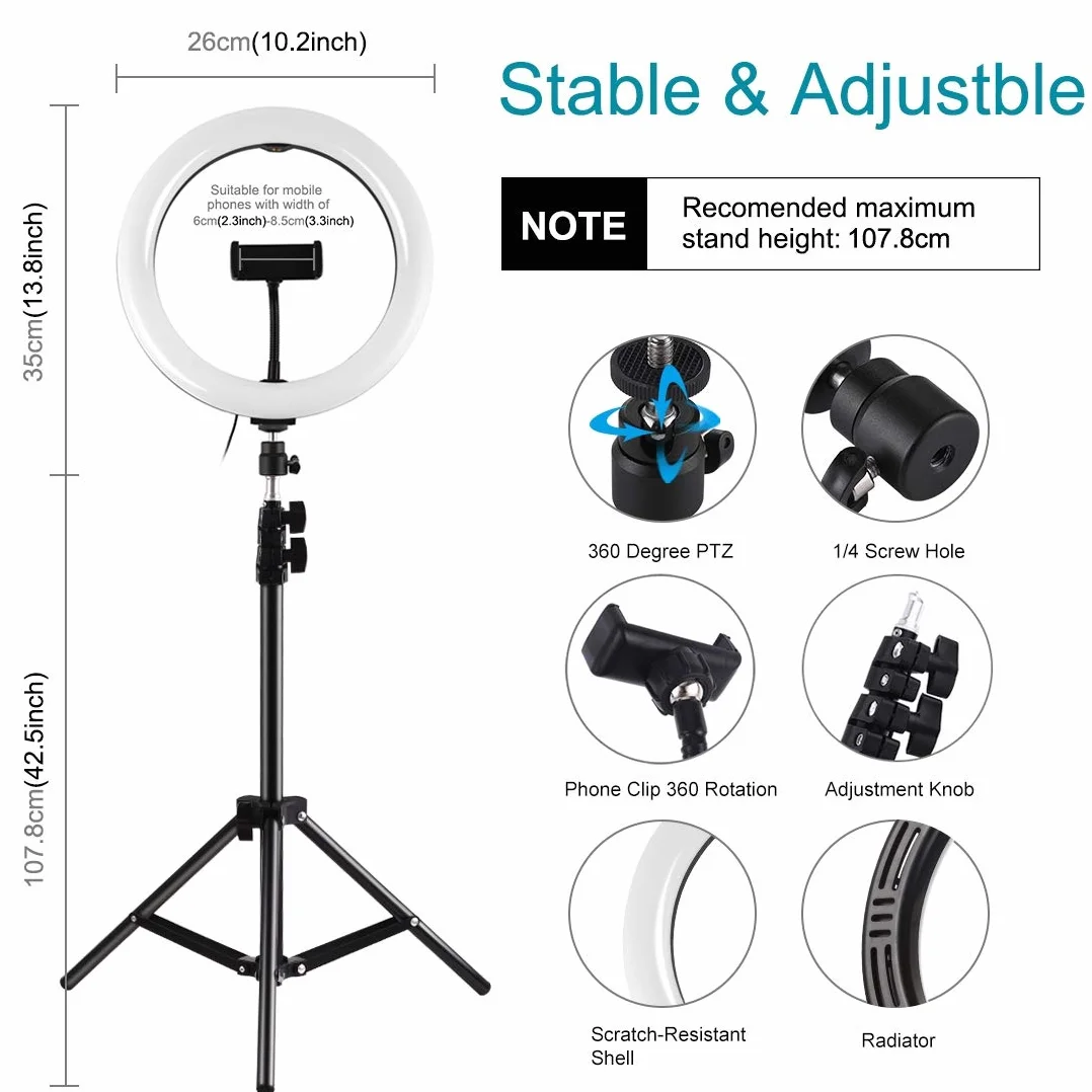 APP LIFE Ring Light 10 Pollici LED 3 Modalità Illuminazione 10 Luminosità Staffa Triangolare