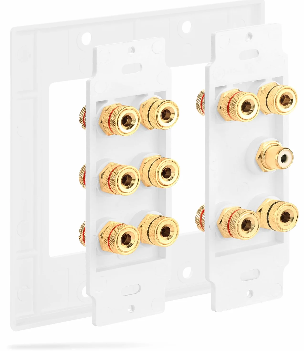 Fosmon 2-Gang 5.1 Surround Home Theater Wall Plate Gold Plated Copper Banana Binding Post Coupler for 5 Speakers 1 RCA Subwoofer White