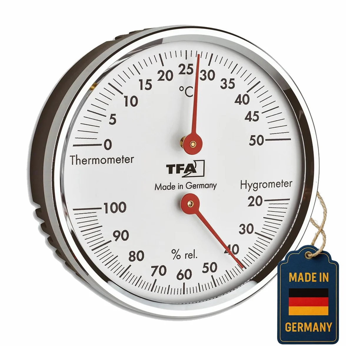 TFA Dostmann Termoigrometro analogico, 45.2041.42, con anello in metallo, per il monitoraggio di temperatura e umidità, argento