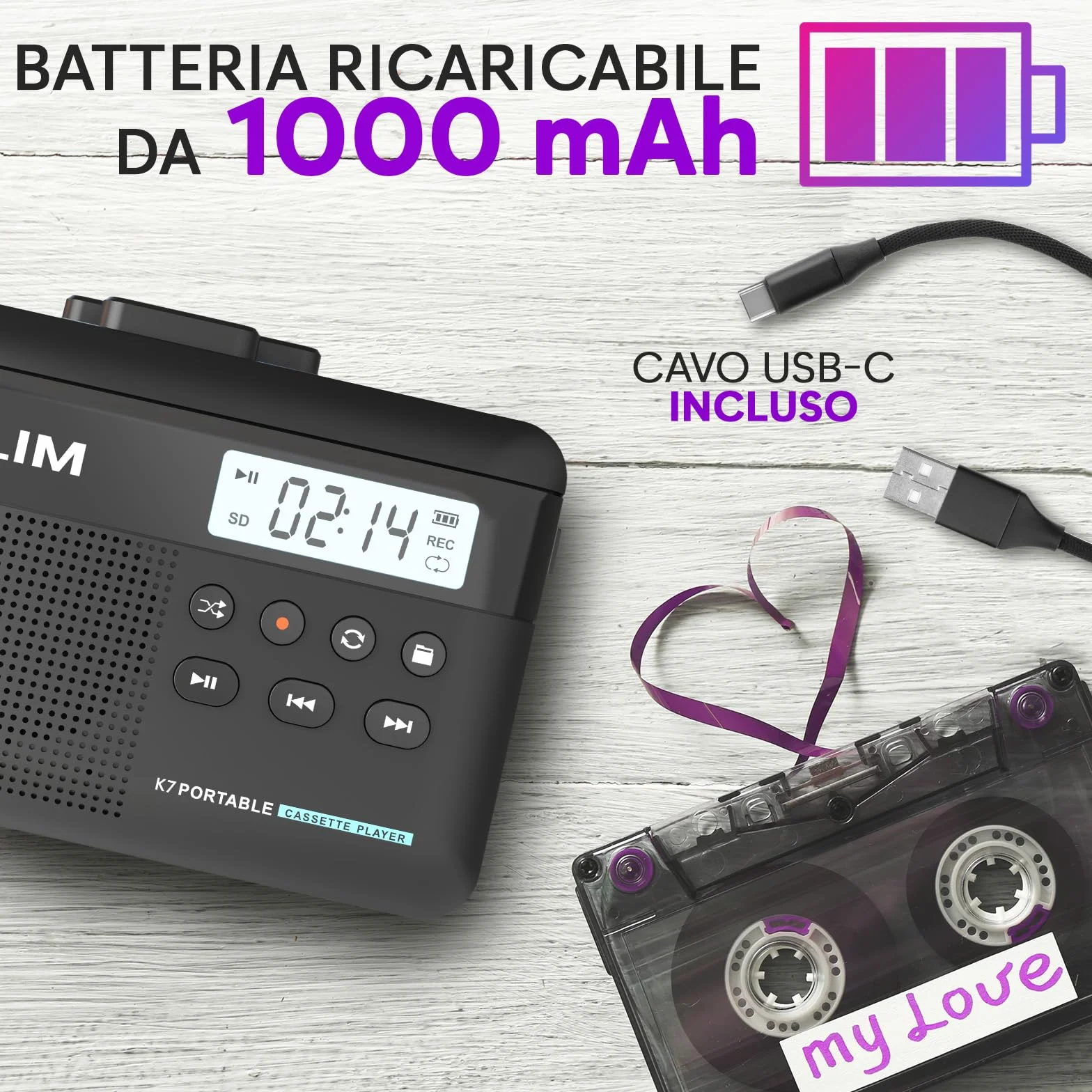K7 Cassette Player MP3 Convertitore Lettore Audio Portatile con Microfono Altoparlante Batteria Ricaricabile Auricolari Scheda SD 8 GB Nero