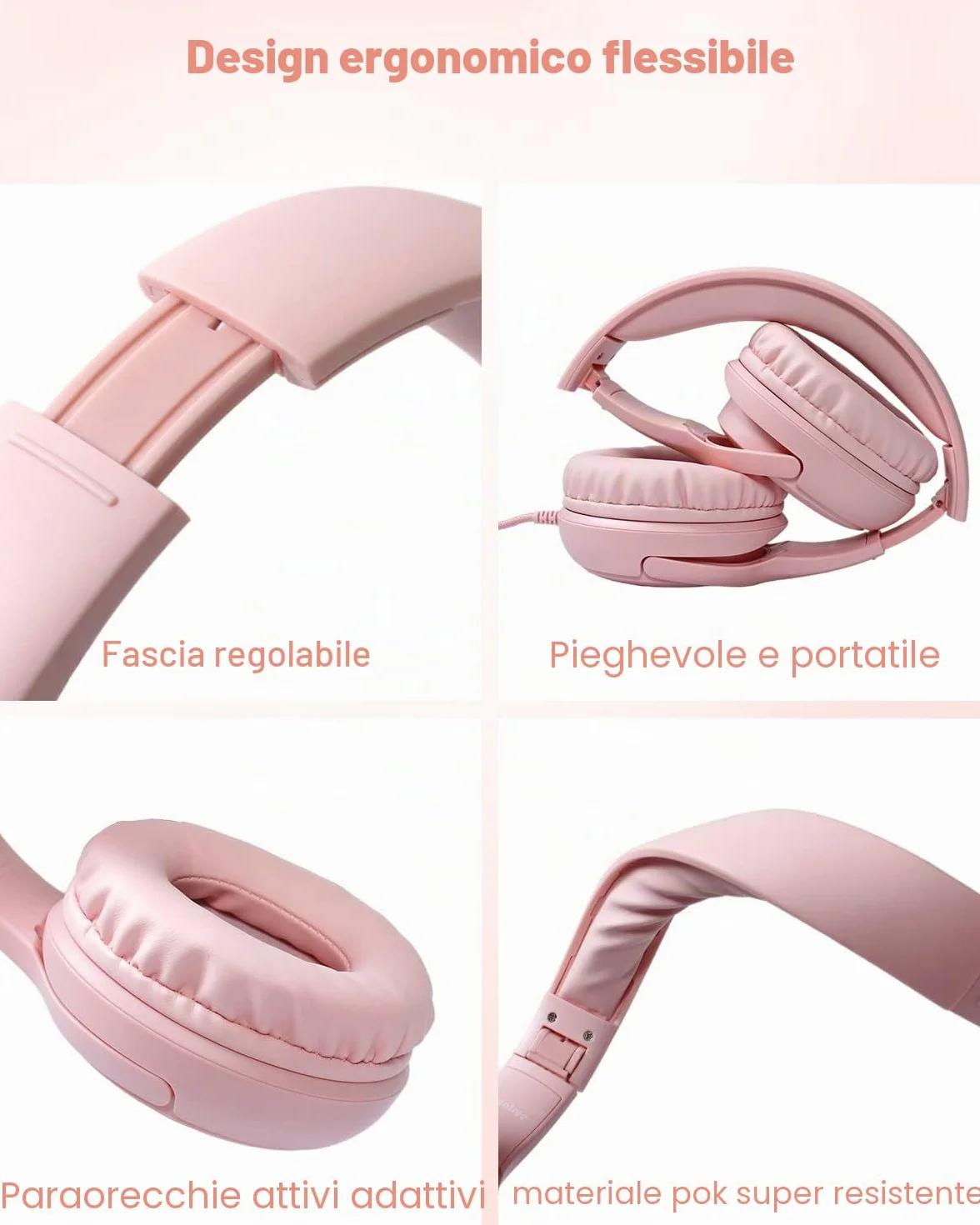 Cuffie per Bambini con Microfono, Limitazione Volume 85/94 dB, Jack 3,5 mm, Design Pieghevole, On-ear (Rosa)