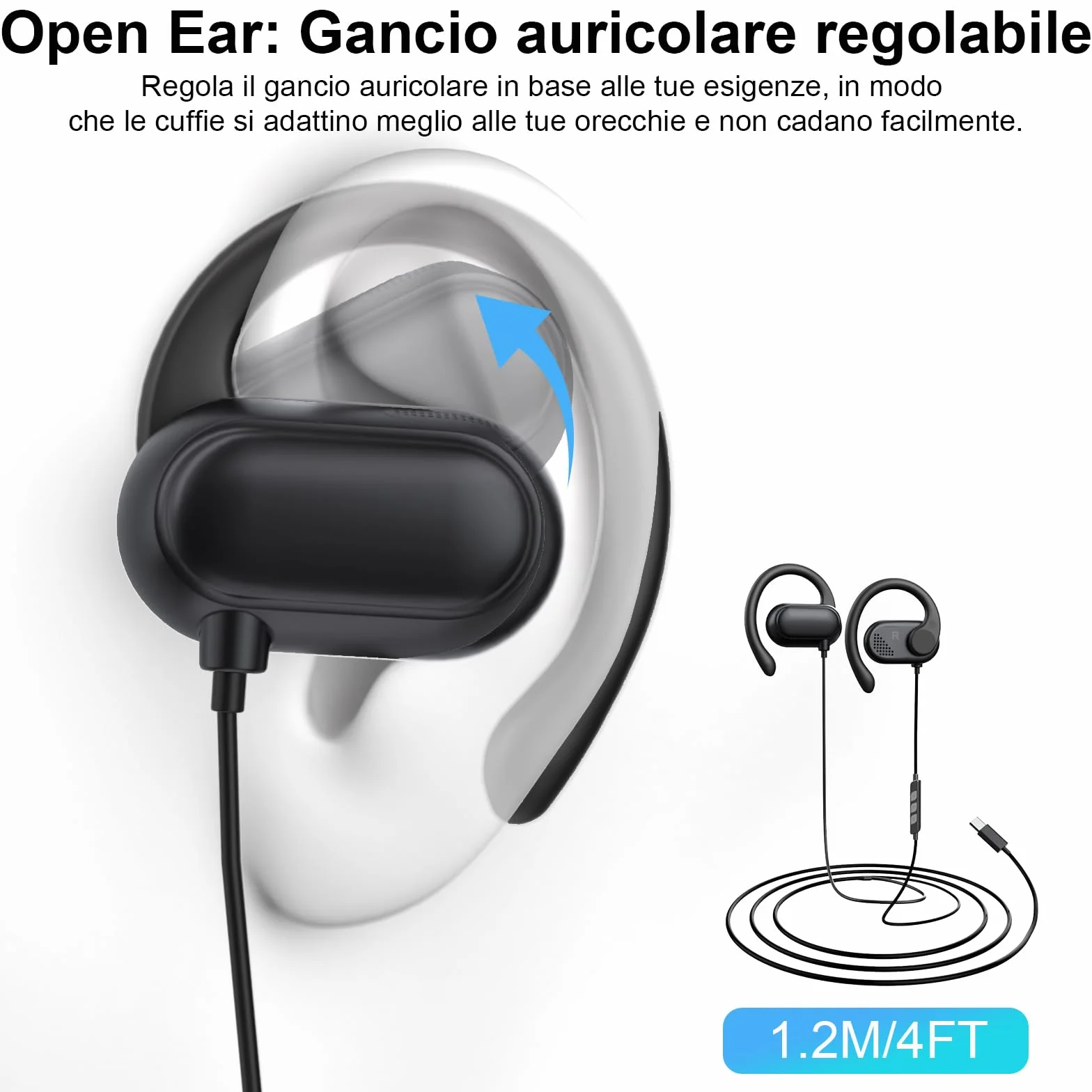 Open Ear Cuffie USB C Sport Gancio Regolabile Microfono Controllo Volume per Samsung Galaxy S26 Ultra S25 S24 S23 A56 A16 A17, iPhone 17 16 15, Pixel 10 9 8 Nero