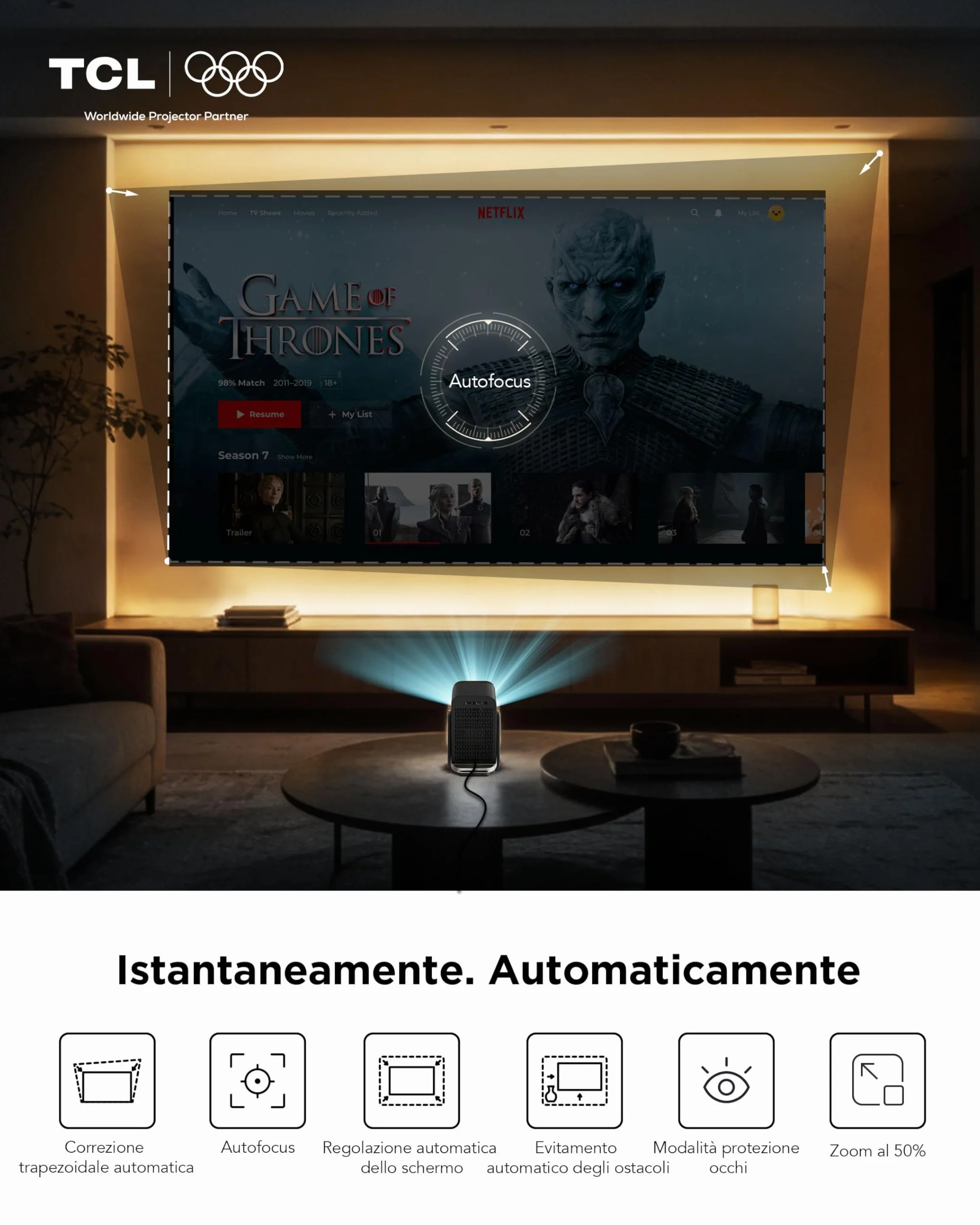 TCL C1 Mini Proiettore Portatile 4K Nativa 1080P Google TV Netflix Compatibile, Messa a Fuoco Automatica 6D Correzione Trapezoidale, Wi-Fi Bluetooth, 8W Dolby Audio, Rotabile 285°