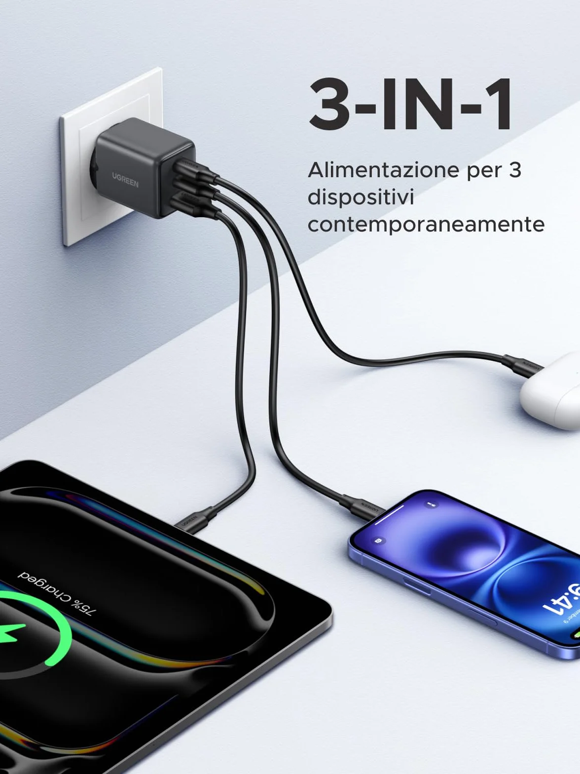 UGREEN Zapix Caricatore USB C 30W Carica Rapida GaN 3 Porte PD Compatibile iPhone 17 Pro Max Air 16 15 Galaxy S26 S25 S24 Ultra A57 A16 Pixel 10 9 8 iPad MacBook Air Nero