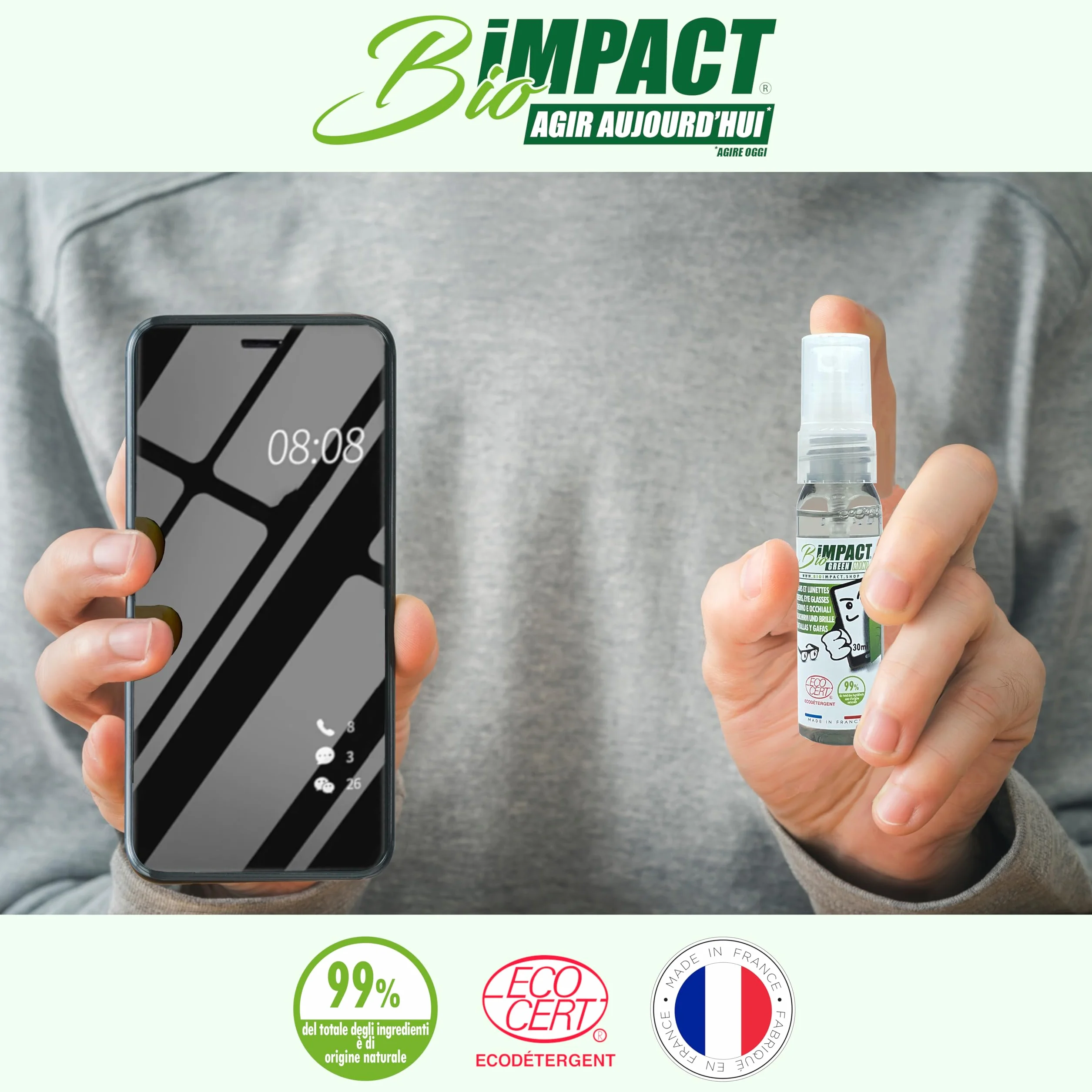 Detergente per schermi e occhiali 30 ml ECOCERT 99% naturale