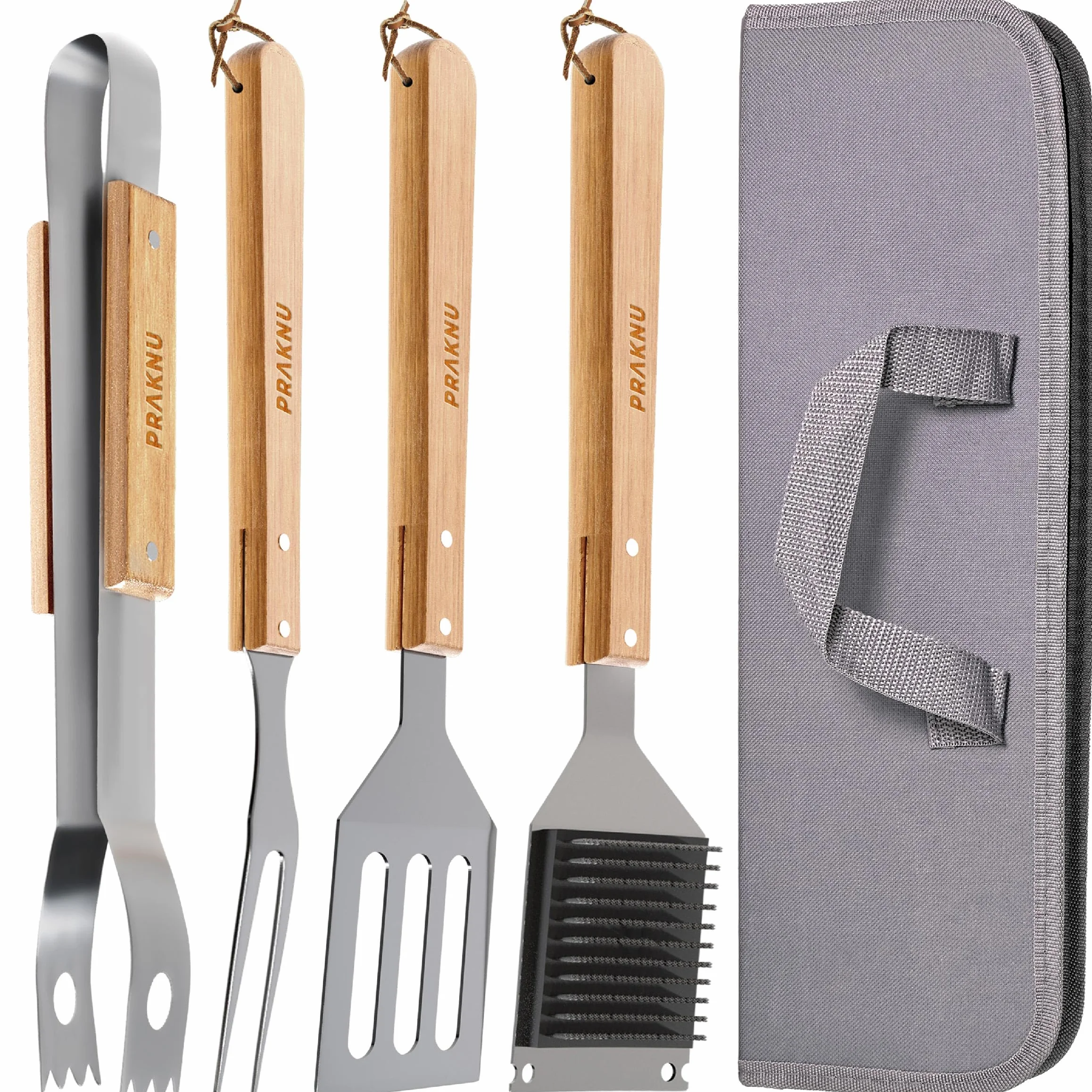 Praknu Set di Utensili da Barbecue 𝗲𝘀𝘀𝗲𝗻𝘇𝗶𝗮𝗹𝗶 in Acciaio e Legno - 4 pezzi - Resistente al calore e antiruggine - Con pratica borsa per il trasporto