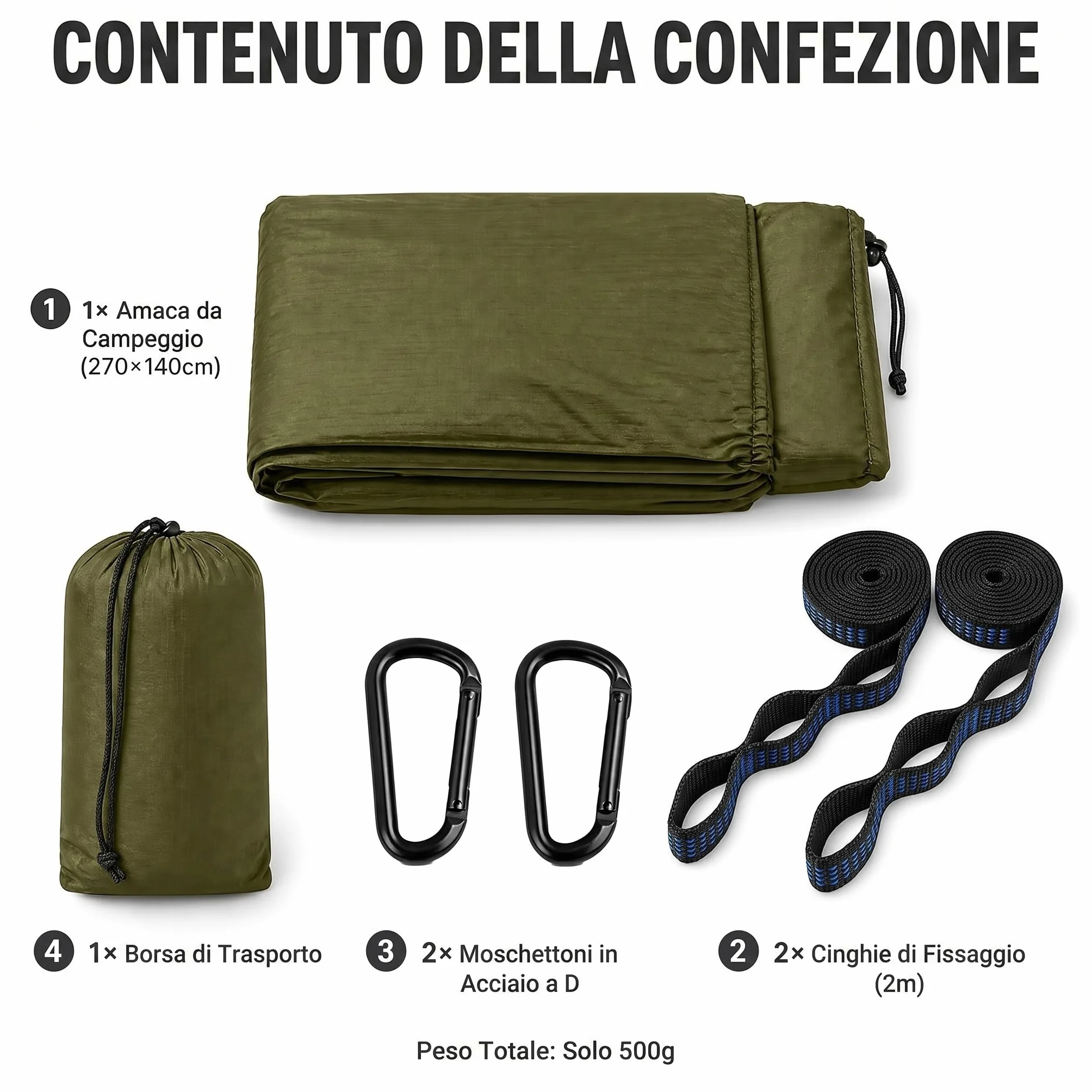 Amaca Doppia Ultraleggera Verde Militare 300 kg per Esterno Campeggio con Cinghie e Anelli a D