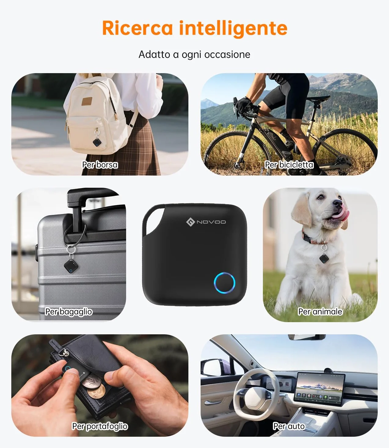 NOVOO Smart Tag Apple Find My Localizzatore Oggetti Allarme 80 dB Batteria Sostituibile Blocco Bambini Tracker Chiavi Portafoglio Bagagli 4 Pezzi