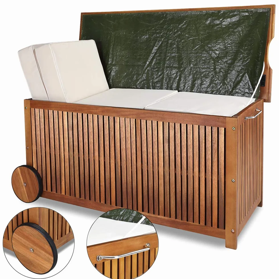 Casaria® Baule da Giardino 120cm Legno di Acacia 2 Ruote Incl. Telo Impermeabile Salvaspazio Cassapanca Esterno Balcone