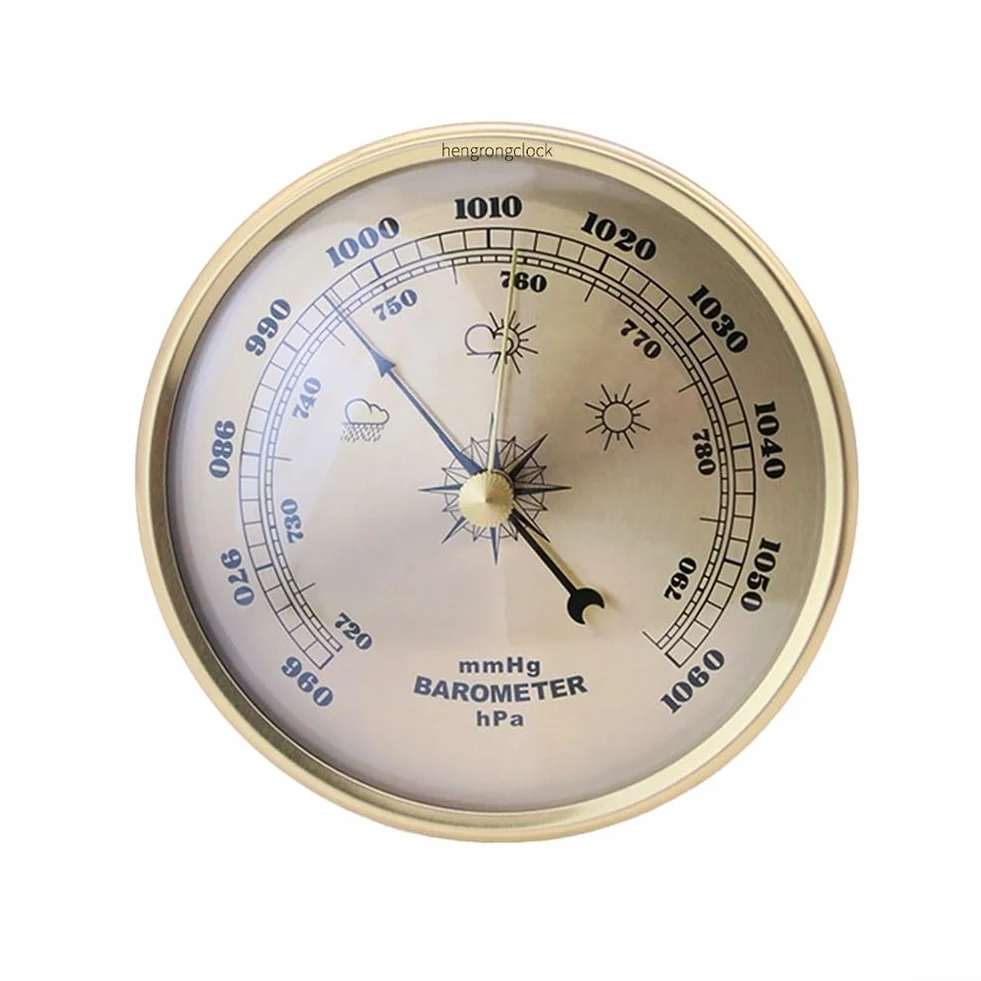 Zilimontt Barometro con telaio in metallo con manometro e orologio, per uso domestico, previsioni meteo e decorazione, meccanico senza batterie (108 mm)