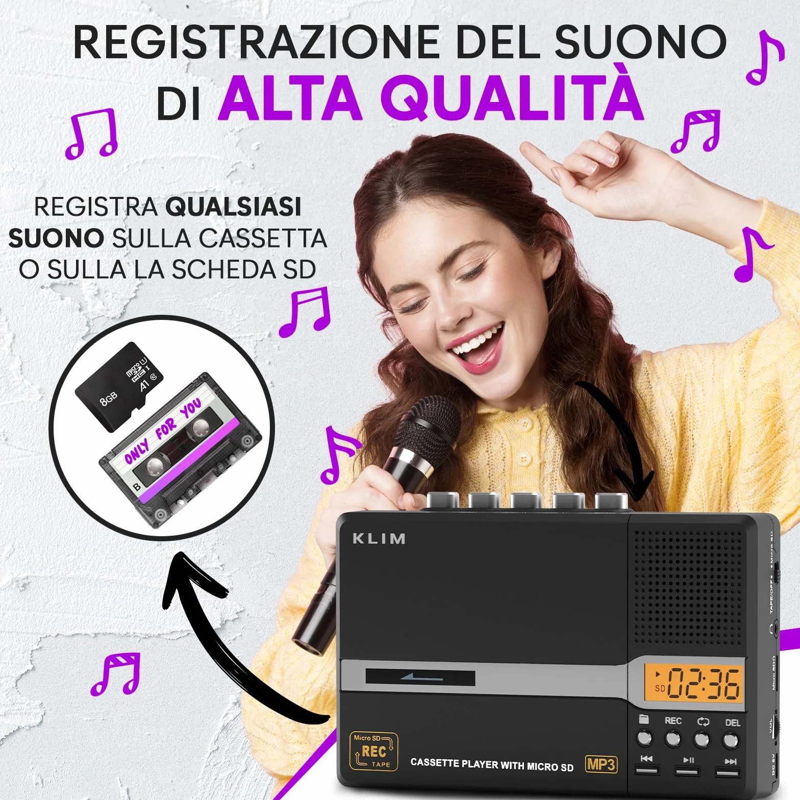 KLIM K10 Lettore Cassette Audio Portatile Registratore MP3 Convertitore Nero