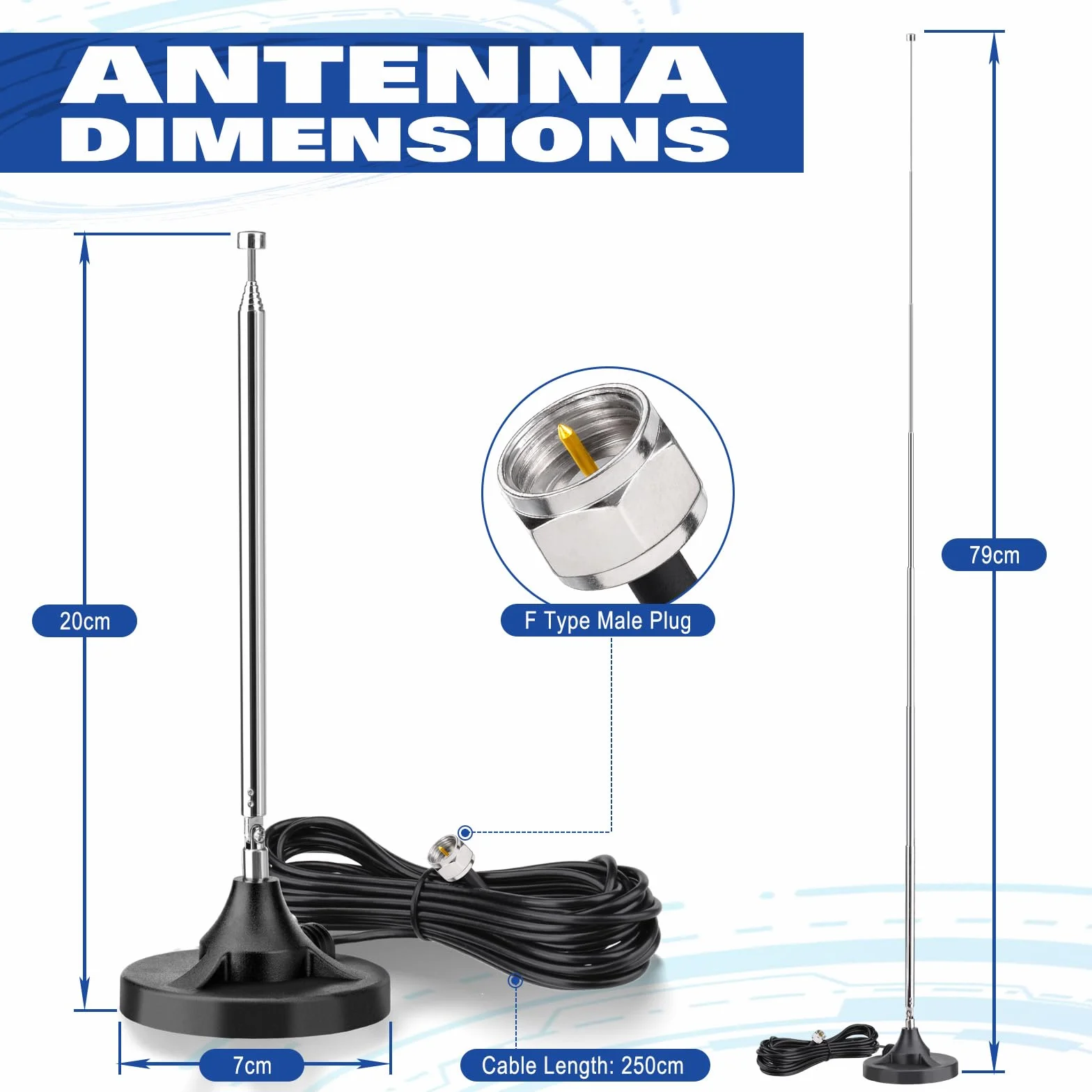 Eightwood Antenna Radio FM DAB Telescopic Digitale 75 Ohm con Base Magnetica Extension 2.5M Cable