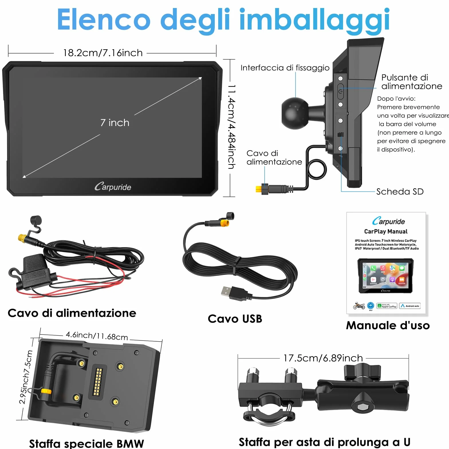 Carpuride W702B Schermo Carplay Moto 7" Impermeabile Touchscreen Wireless CarPlay Android Auto Dual Bluetooth per BMW