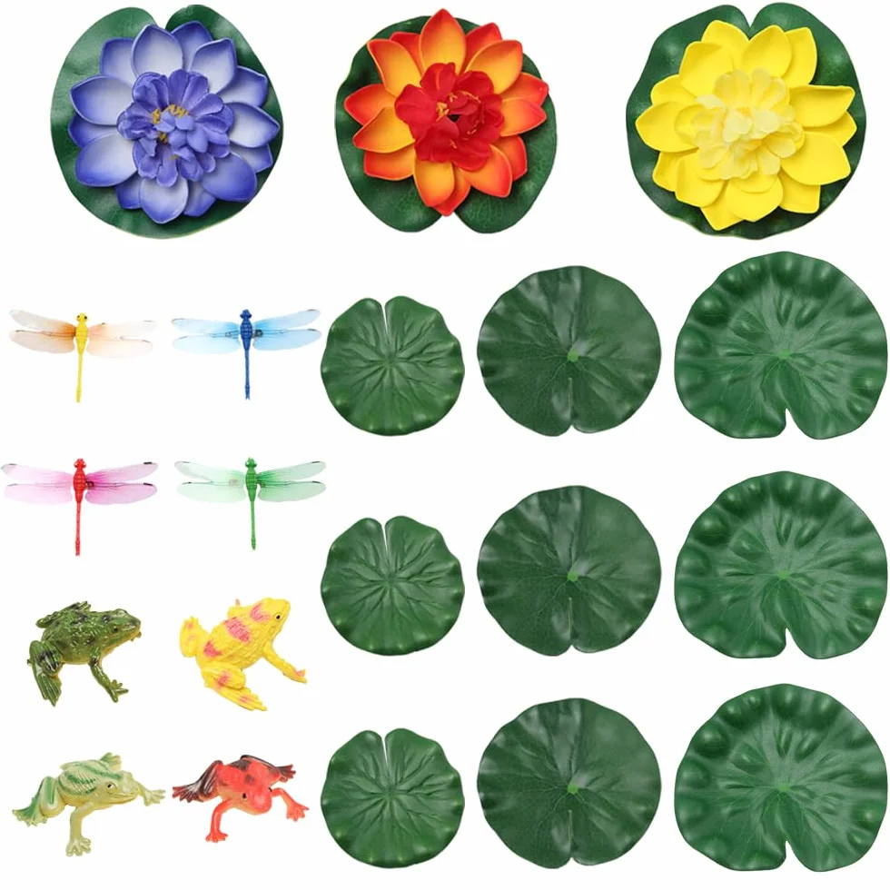 20 Pcs Fiori di Loto Galleggianti,Ninfee Finte Galleggianti,Ninfee Artificiali Impermeabile Fiore di Ninfea e Foglie di Loto con Libellula Rana,Fiori Galleggianti per Piscina, Stagni Decor