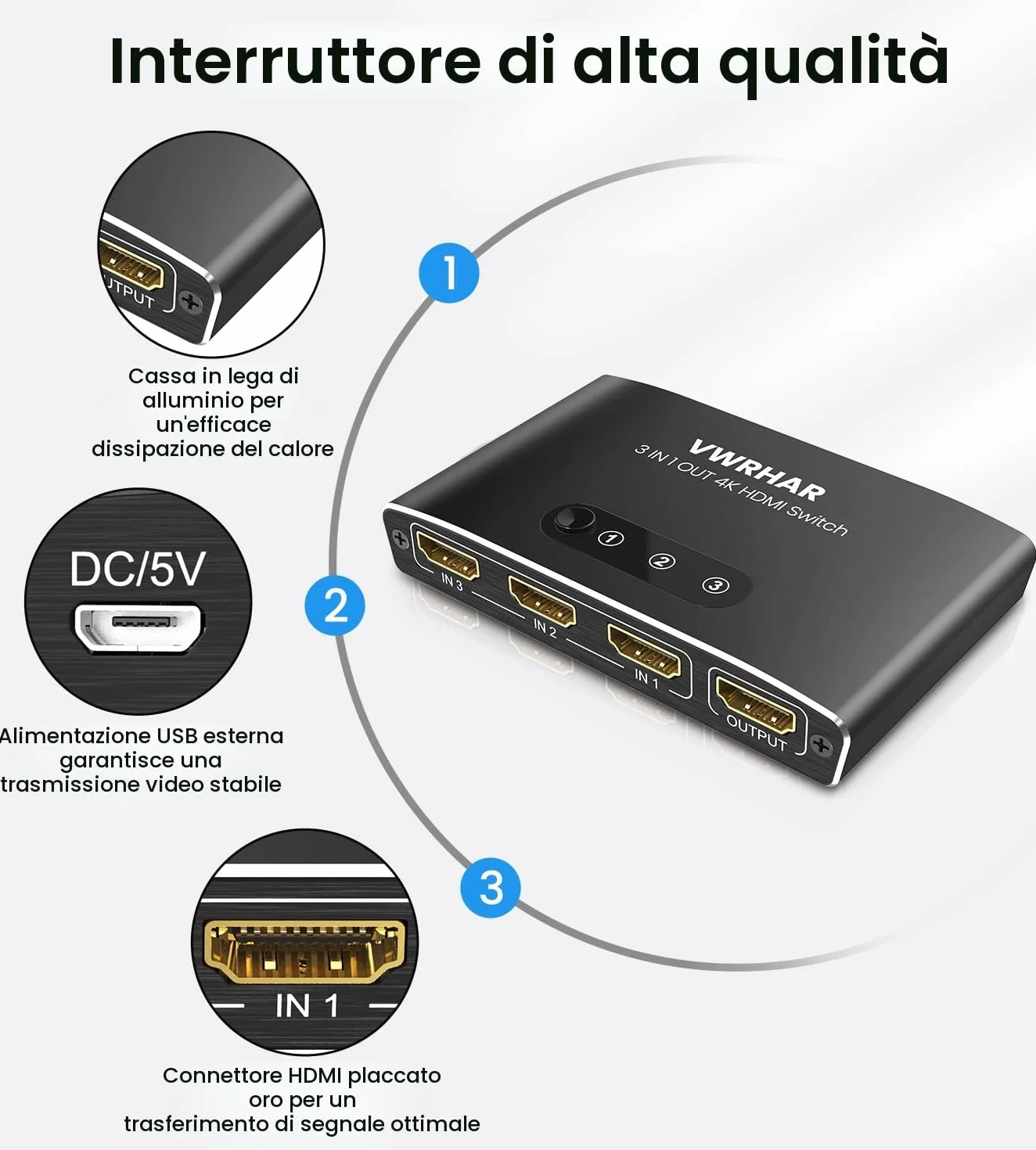 Sdoppiatore HDMI 4K@60Hz HDR 3 In 1 Out Alluminio Switch per TV PC PS5 Xbox