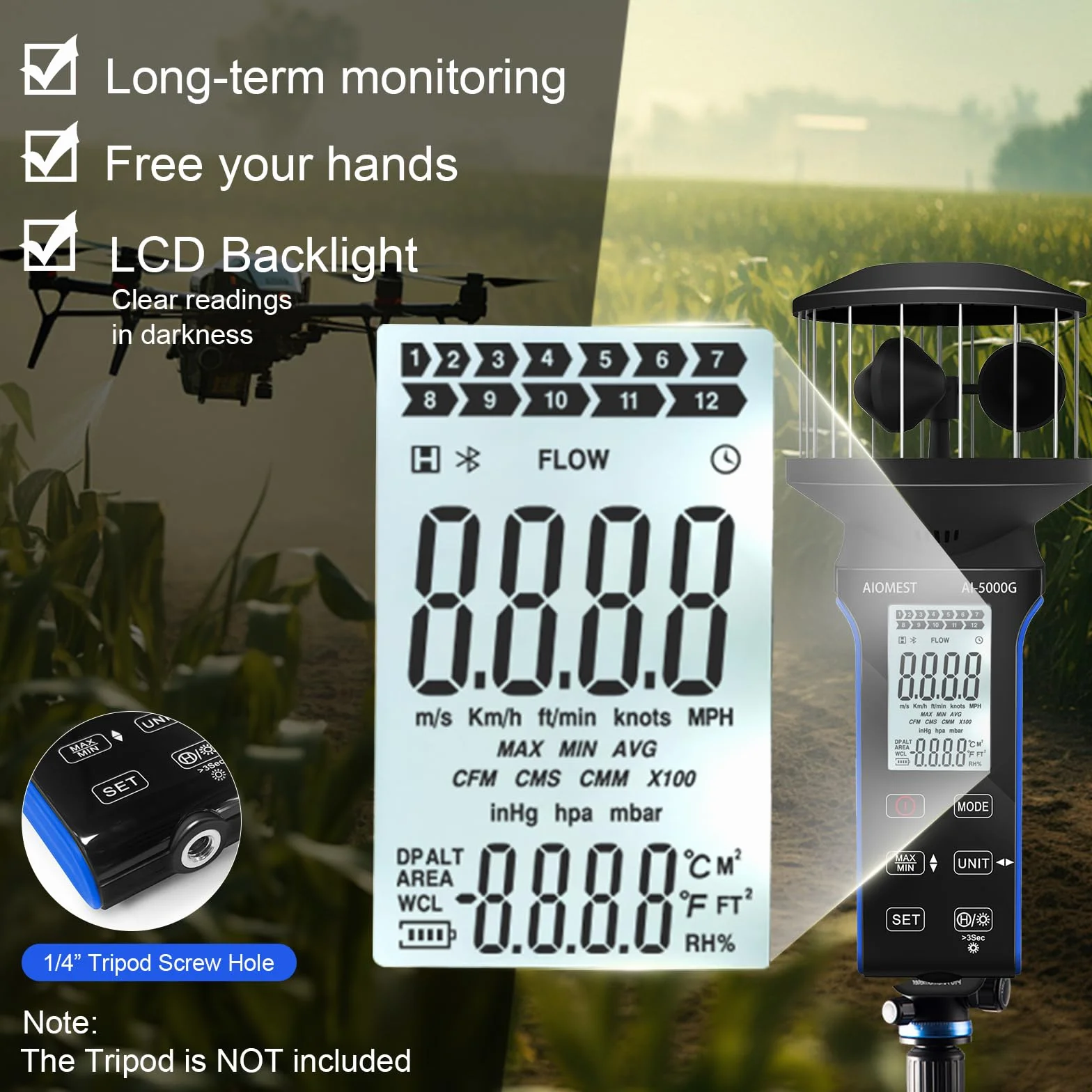 AIOMEST Anemometro Digitale Portatile, Misuratore di Velocità del Vento a 4 Tazze a 360°, Anemometro ad Alta Precisione ±5% con Temperatura (℃/℉), MAX/AVG per Riprese, Vela, Surf, Drone, AI-5000G