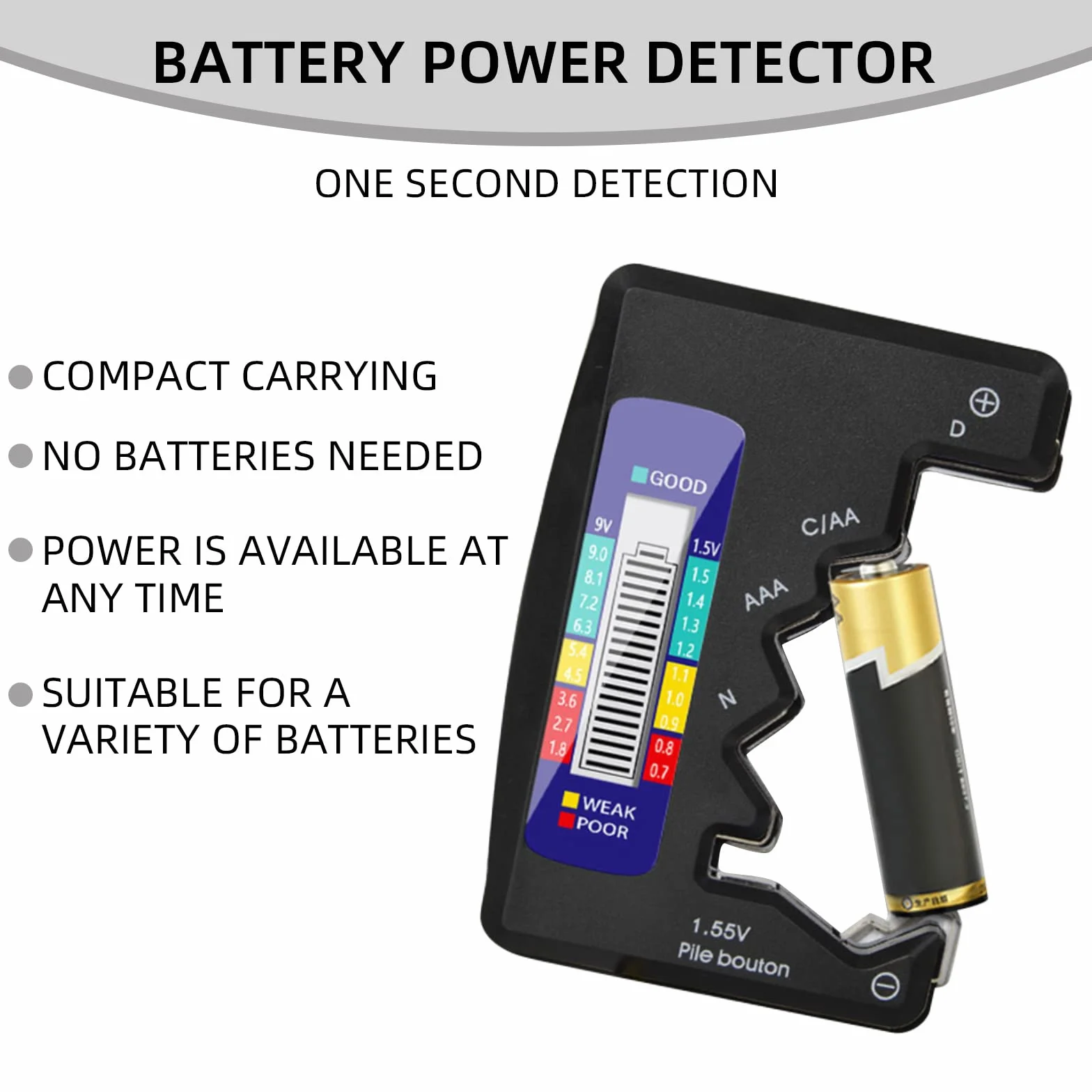 Tester della Batteria Universale con Display LCD Digitale per Batterie AA/AAA/C/D 1,5V-9V