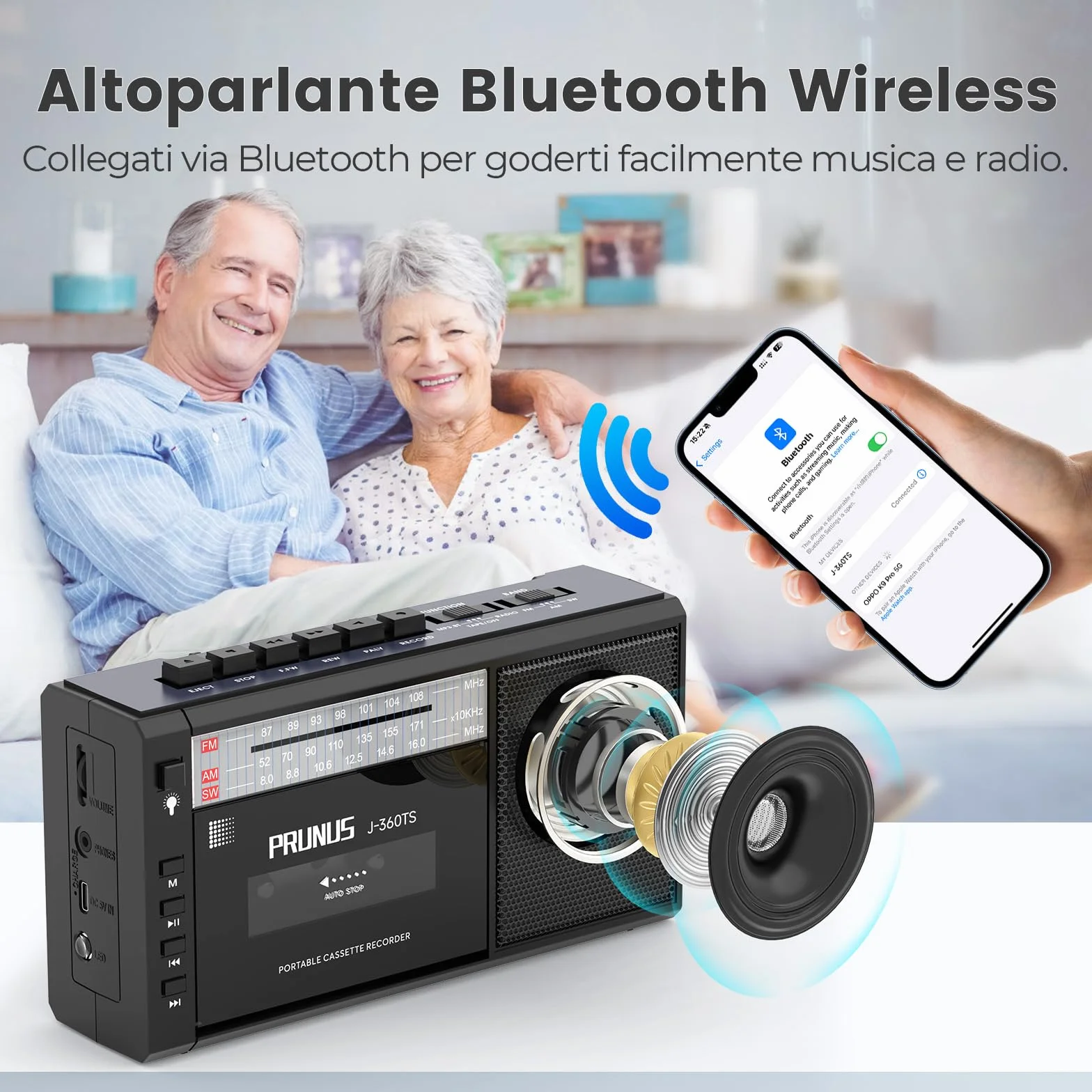 PRUNUS J-360 Radio Cassette AM/FM/SW Portatile con Bluetooth, Solare/Batteria Ricaricabile, Torcia, USB, TF Card