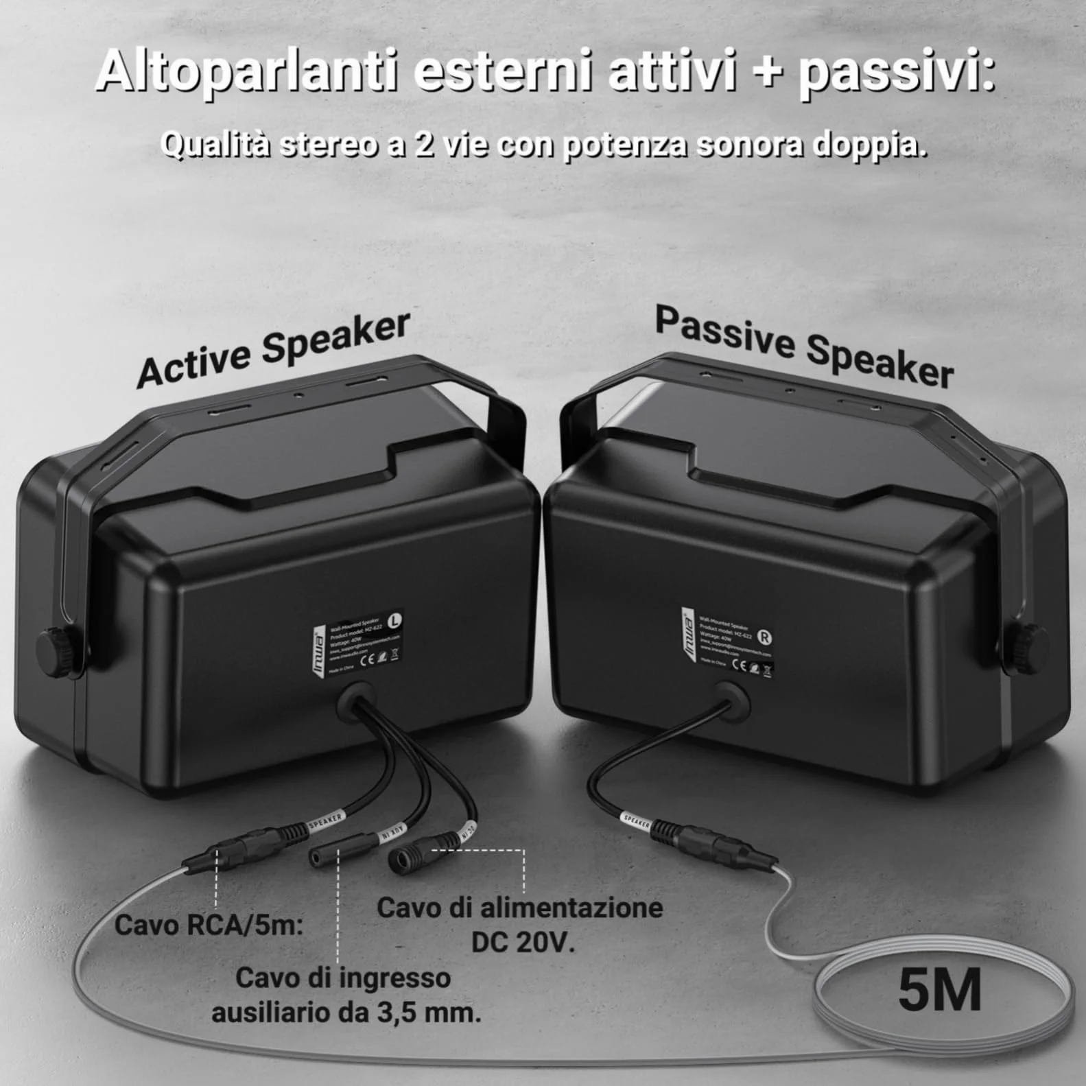 Inwa Cassa Bluetooth Esterno 400W Speaker Parete Attivo-Passivo Sistema Audio Stereo Wireless Impermeabile 2 Pezzi MZ622