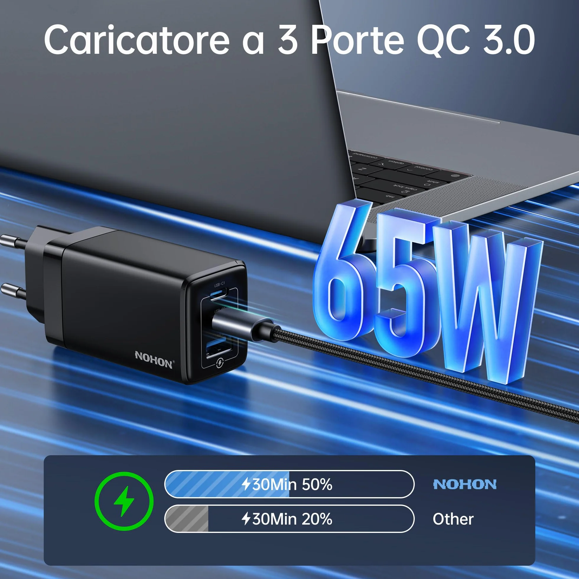 NOHON Caricatore USB-C Rapido 65W GaN PD 3.0 3 Porte Compatibile iPhone 12 13 14 Macbook iPad Samsung Galaxy S