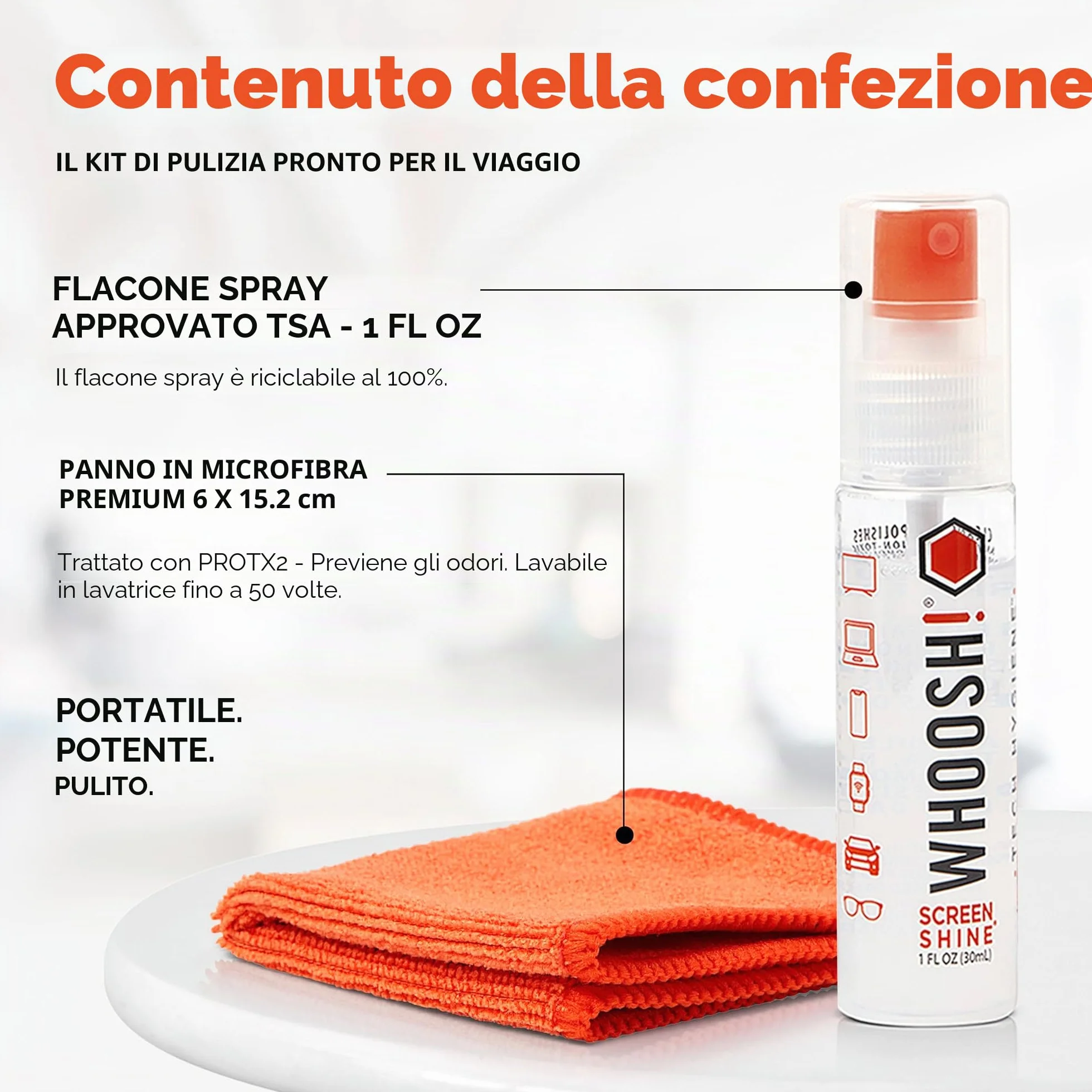 WHOOSH! Screen Shine Go Kit 30 ml Spray do czyszczenia iPhone, laptop, MacBook, iPad – Płyn z mikrofibrą, bez smug, podróżny