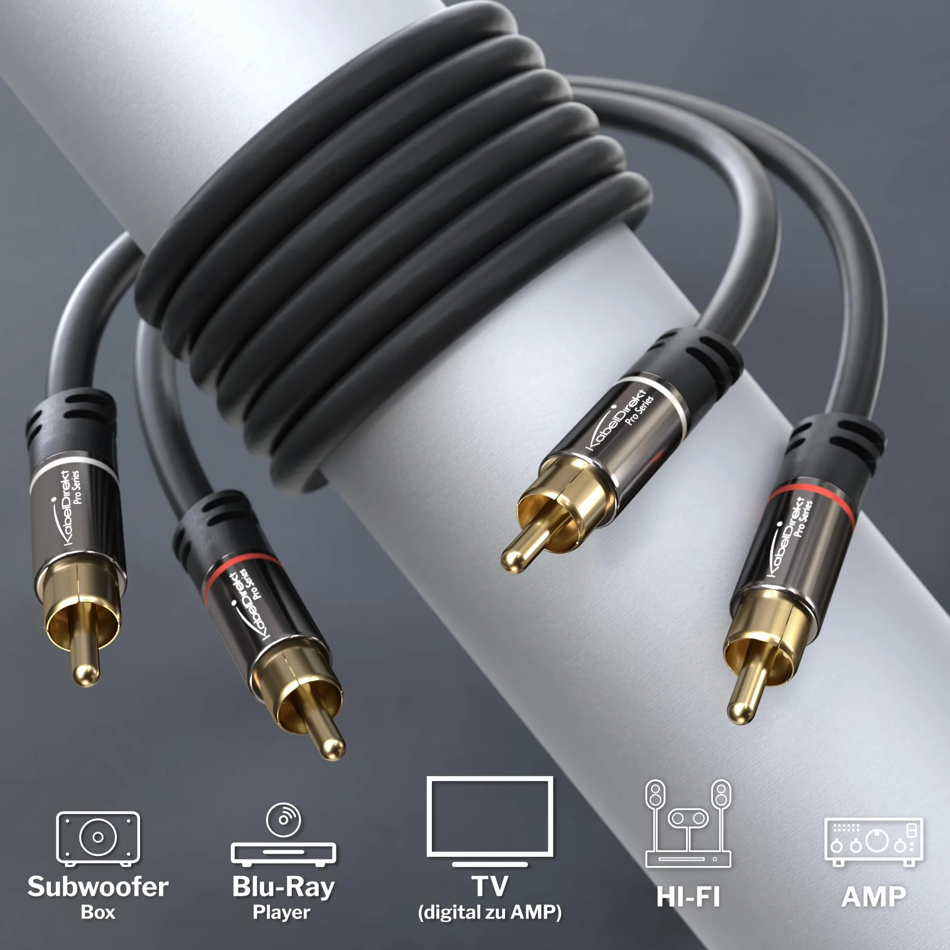 KabelDirekt Cavo RCA Cinch 0,5 m, Cavo Audio Stereo 2 x 2 Cinch, Coassiale Subwoofer Home Cinema