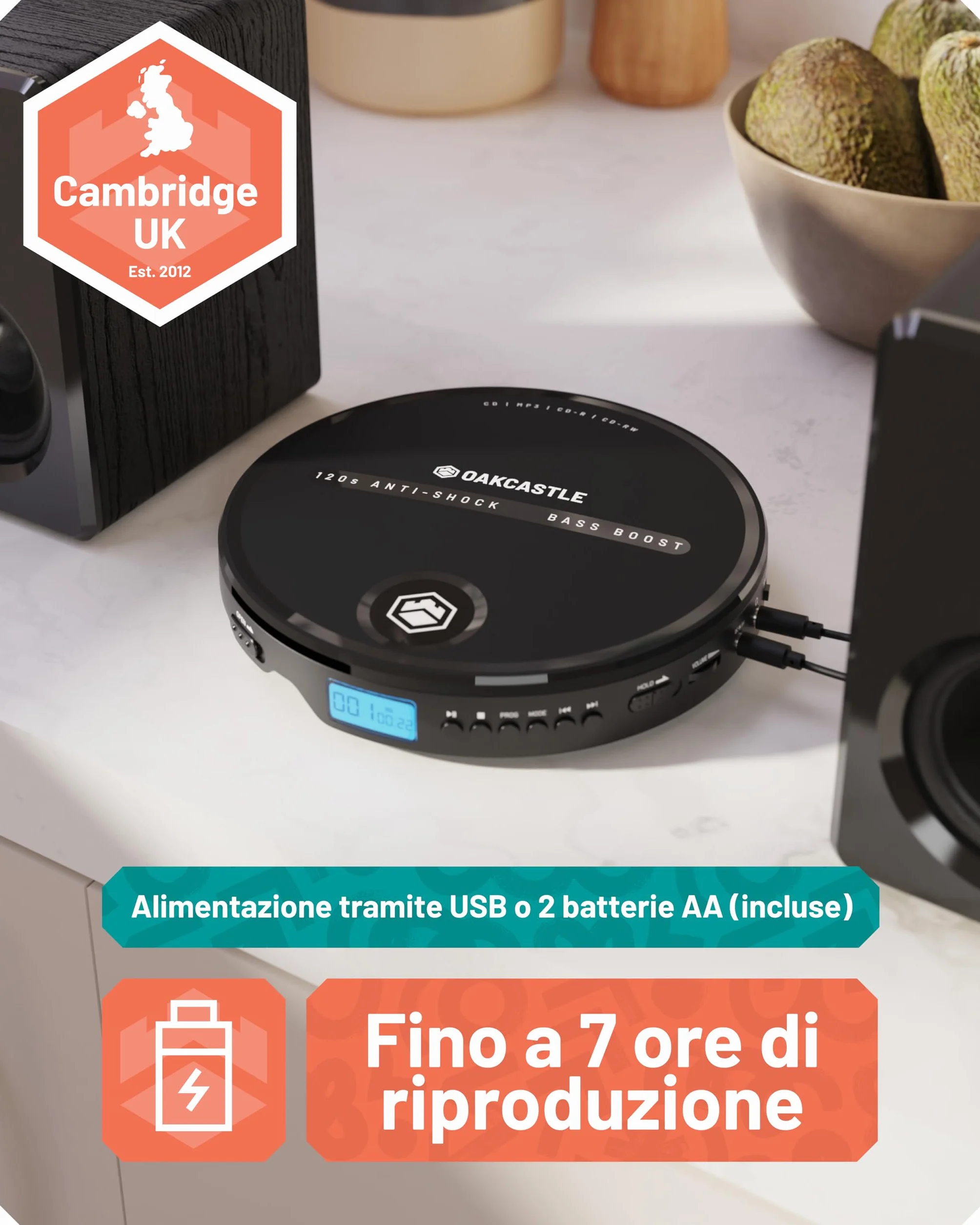 Oakcastle CD10 Lettore CD Portatile con Cuffie, CD CDR CDRW MP3, Anti-Skip ESP, Bass Boost, Autonomia 7 Ore