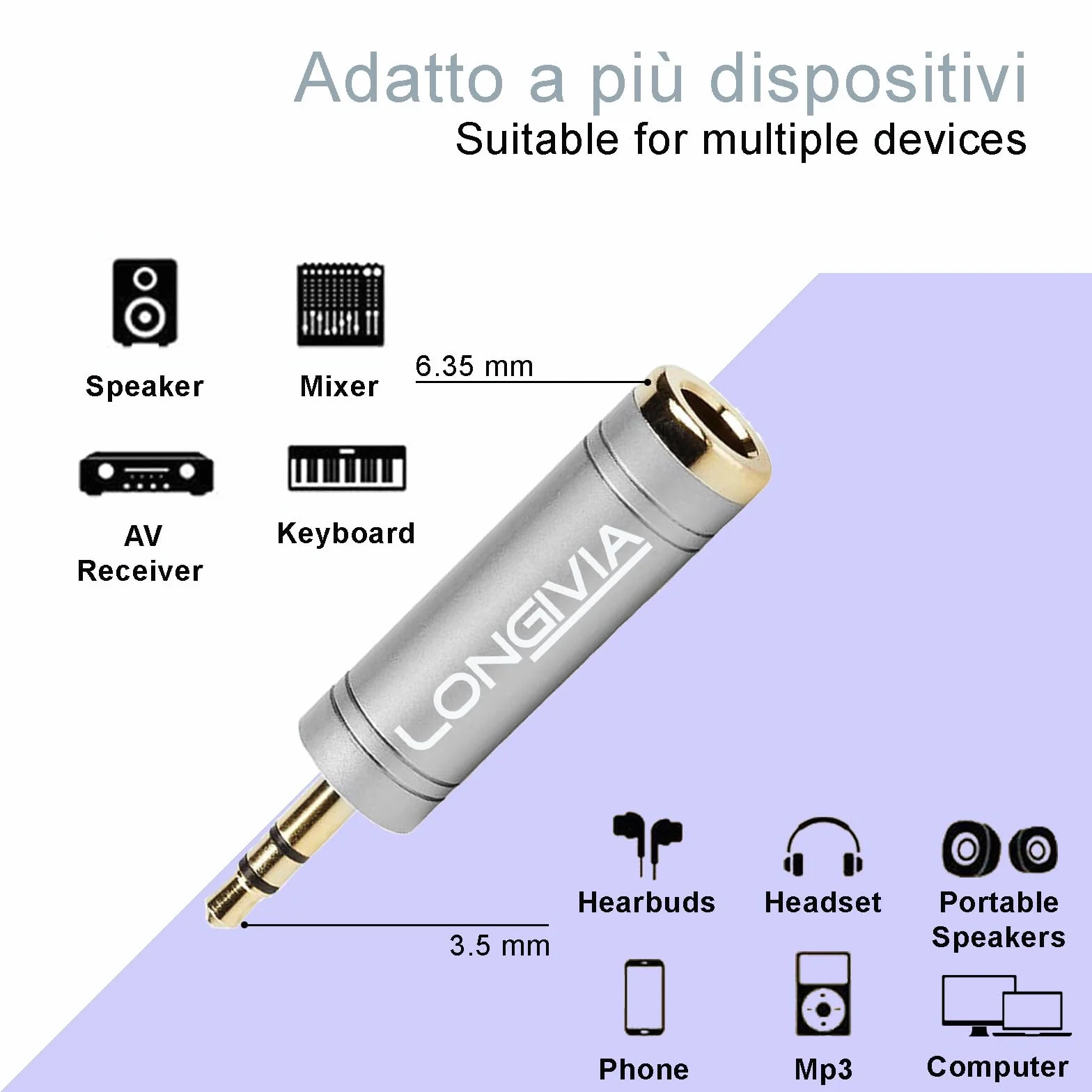 2 Pezzi Adattatore Jack Cuffie in Rame Puro Placcato Oro - Riduttore Jack 3.5 a 6.3 - Connettore Jack Stereo Aux Audio Maschio a Femmina