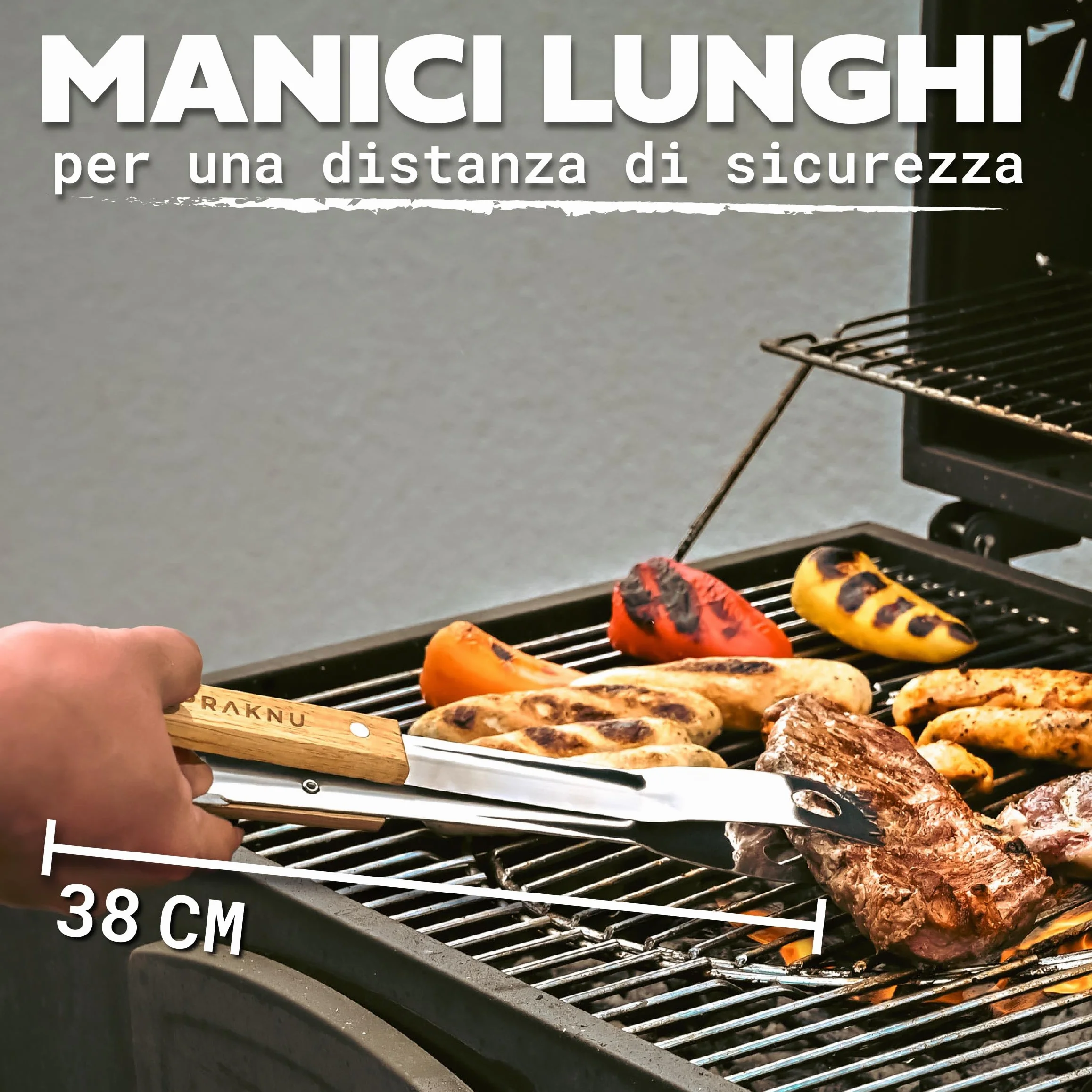 Praknu Set di Utensili da Barbecue 𝗲𝘀𝘀𝗲𝗻𝘇𝗶𝗮𝗹𝗶 in Acciaio e Legno - 4 pezzi - Resistente al calore e antiruggine - Con pratica borsa per il trasporto