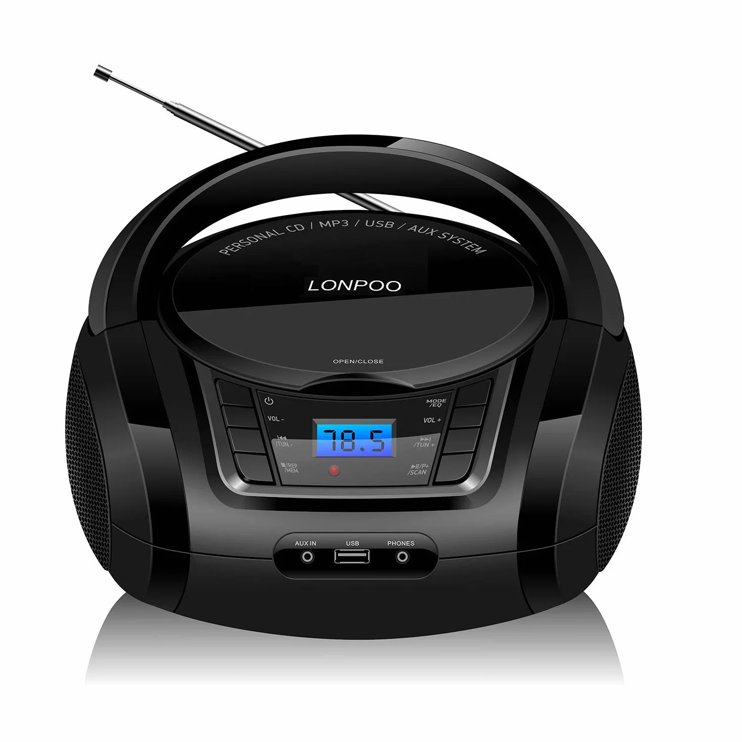 Lettore CD Portatile LONPOO Boombox Stereo Bluetooth con Altoparlanti Integrati, Ingresso USB, AUX, Uscita Cuffie (Black)