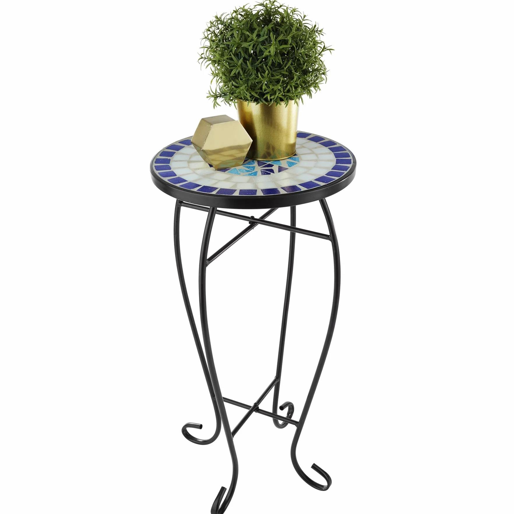tectake Tavolo da Esterno 30x30x61,5 cm Mosaico di Pietra Gambe Arcuate Tavolo Rotondo per Giardino Terrazzo Balcone Bianco Blu