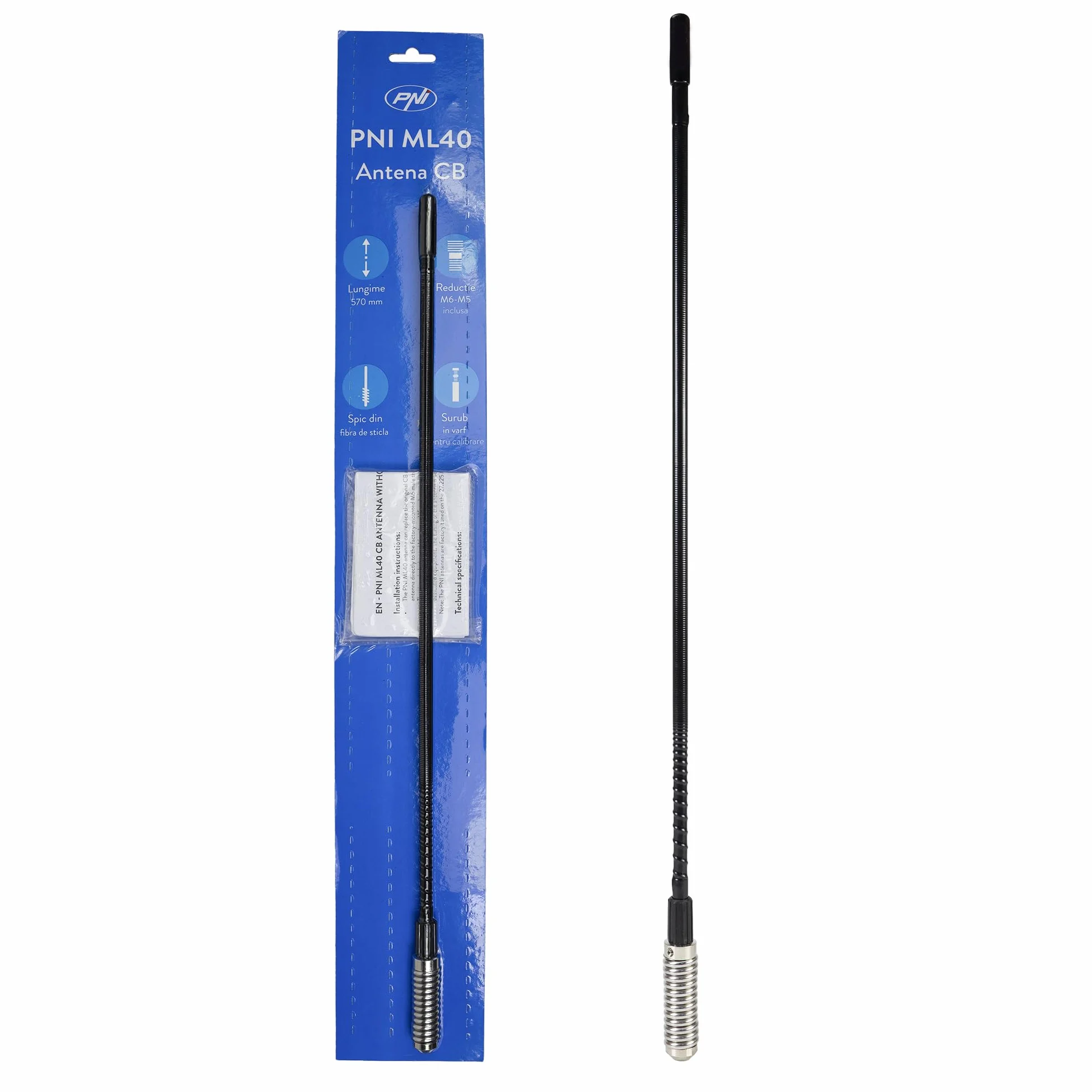 Antenna CB PNI ML40 57 cm con adattatore maschio-maschio M6-M5