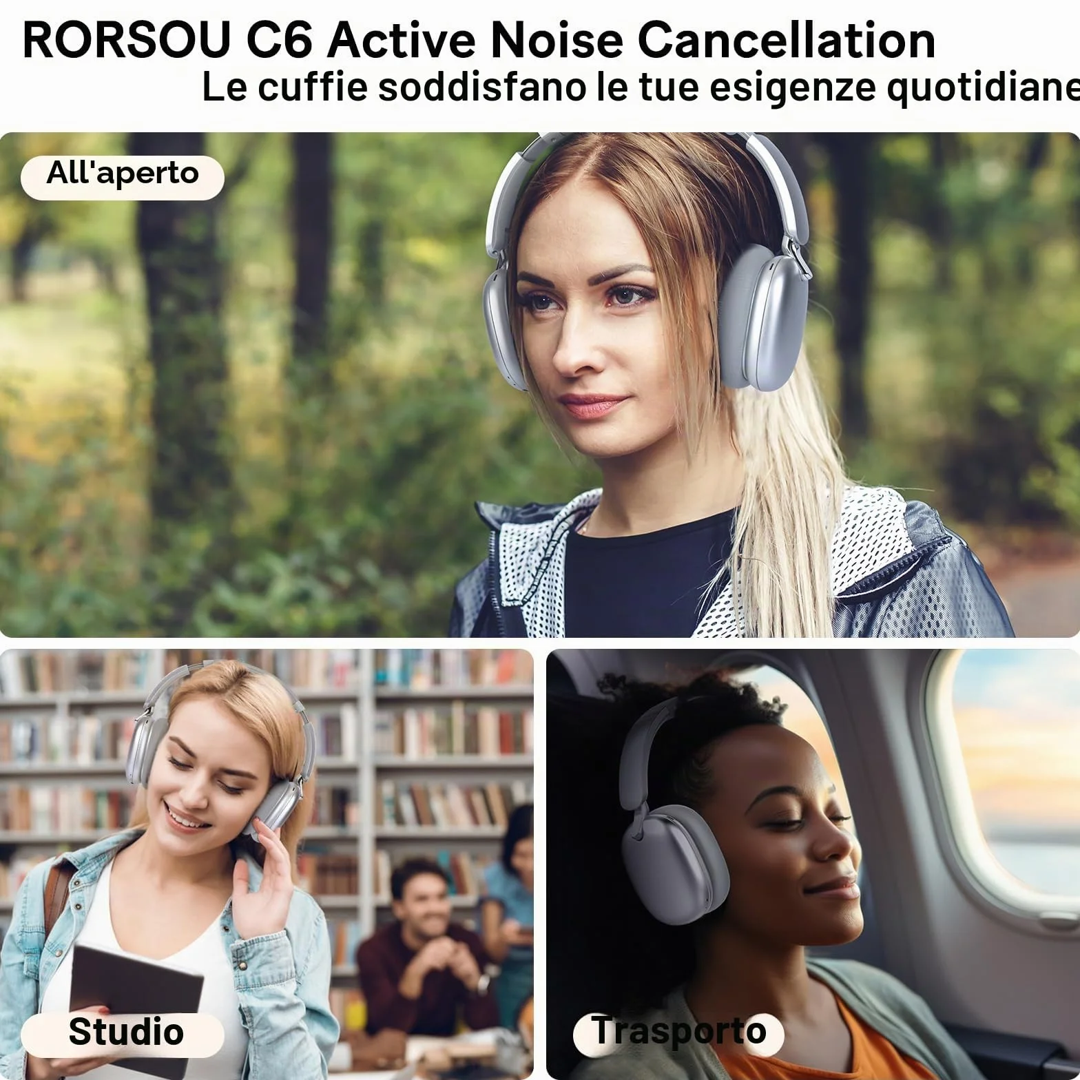 Cuffie Wireless Bluetooth con Cancellazione Attiva del Rumore, Over Ear Piegevoli, Bassi Comfort, Microfono Argento C6