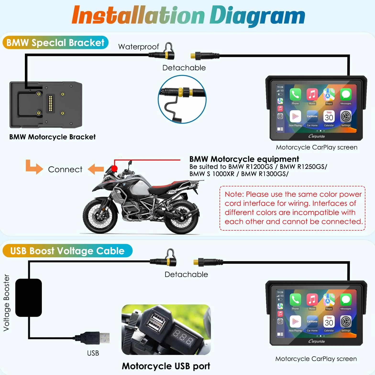 Carpuride W502B Schermo CarPlay 5 Pollici Touchscreen Impermeabile per BMW Moto R1200GS R1250GS S1000XR Navigazione GPS Wireless CarPlay Android Auto Doppio Bluetooth