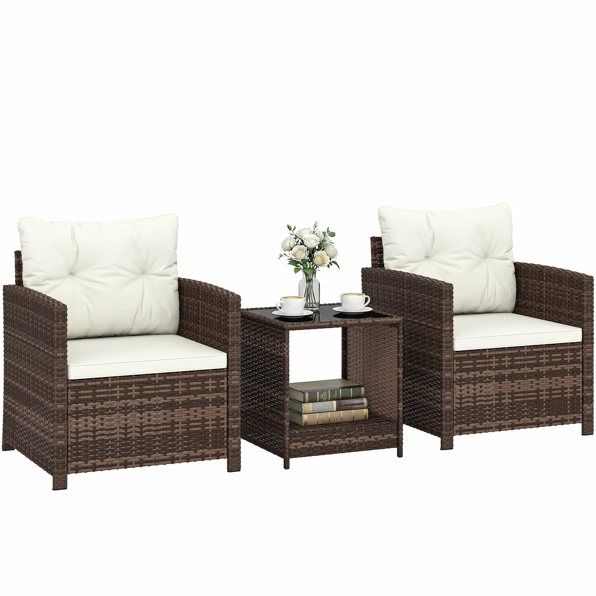 Outsunny Set da Giardino 3 Pezzi in Rattan PE e Acciaio, Set 2 Poltrone con Cuscini e Tavolino da Caffè con Piano in Vetro, Set di Mobili da Balcone, per Patio e Cortile, Marrone e Crema