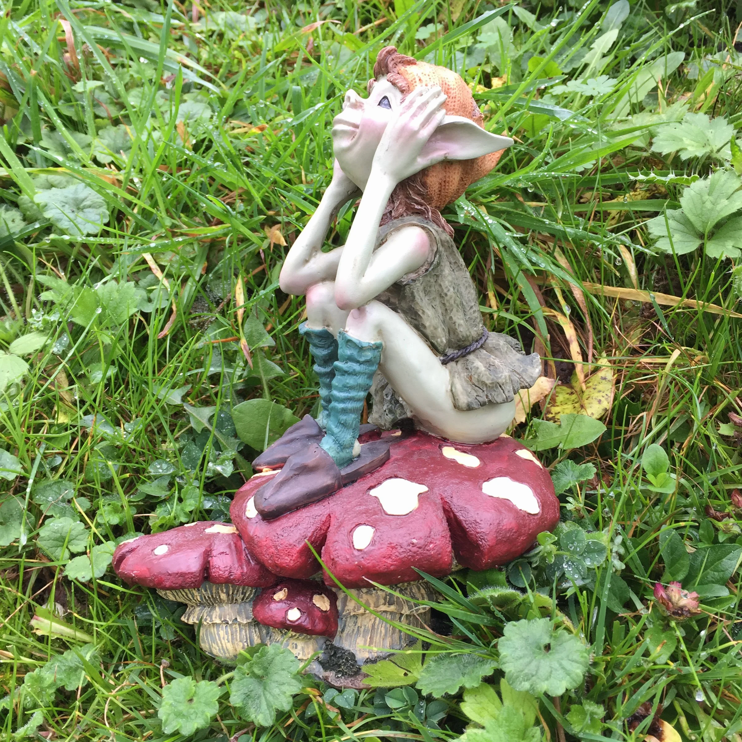 Prezents.com Pixie Thinking on Mushroom - Decorazione per la casa da giardino verde - Divertente statuetta regalo stravagante - Anthony Fisher