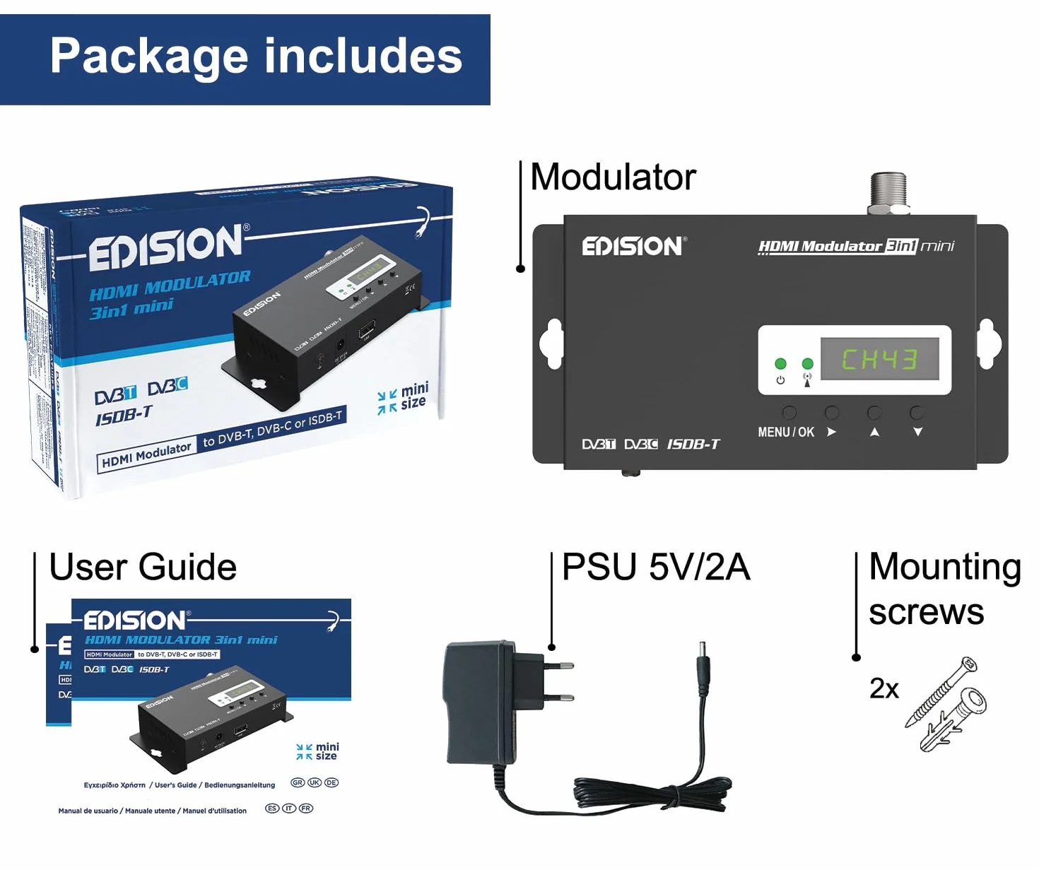 EDISION Modulator HDMI 3in1 mini DVB-T ISDB-T DVB-C Full HD Coax LED