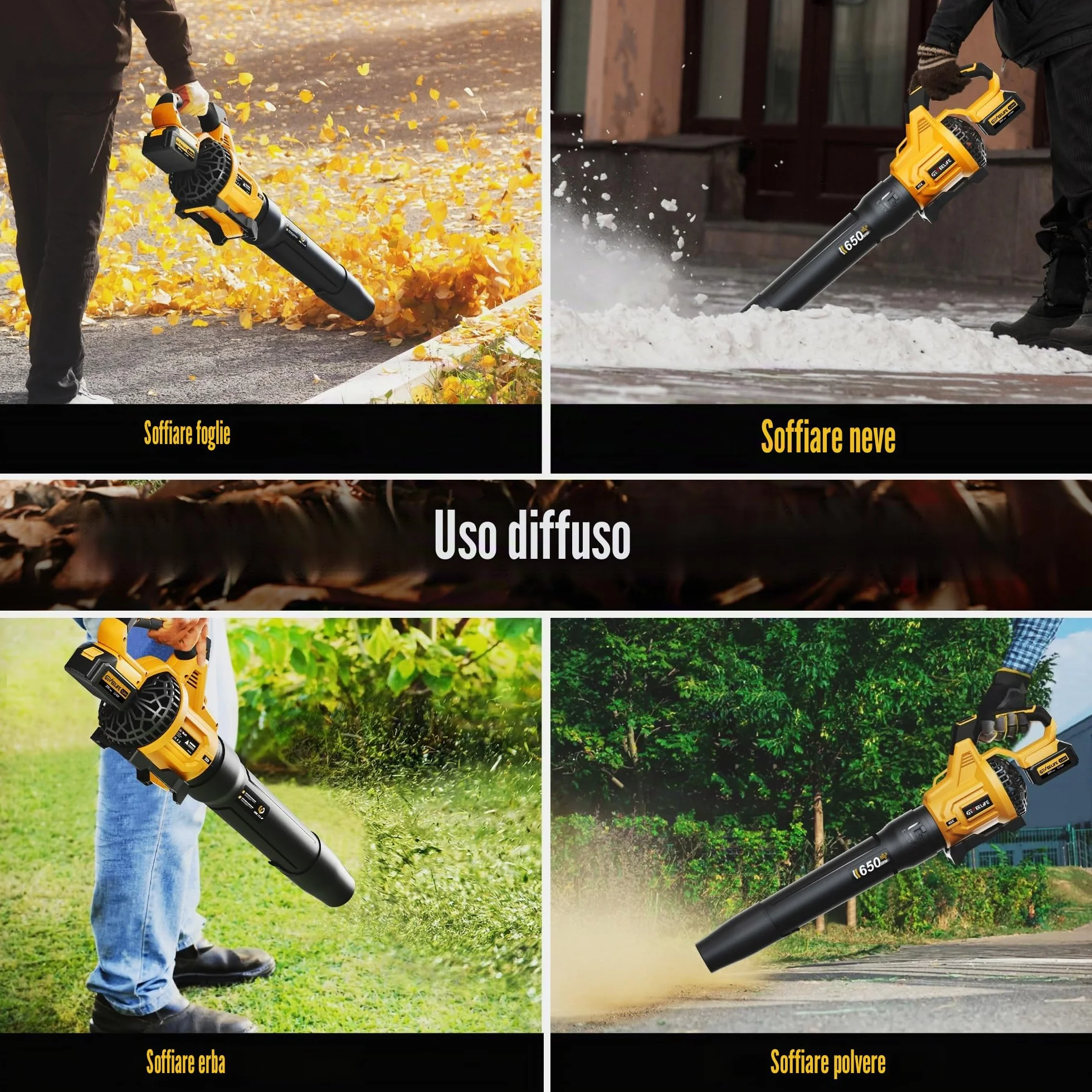 GEVEELIFE Soffiatore elettrico a batteria, 18 V, 257 km/h, con batterie a 3 marce e 2 batterie da 5,2 Ah, senza fili, per giardino, foglie, polvere e neve (batteria inclusa), giallo