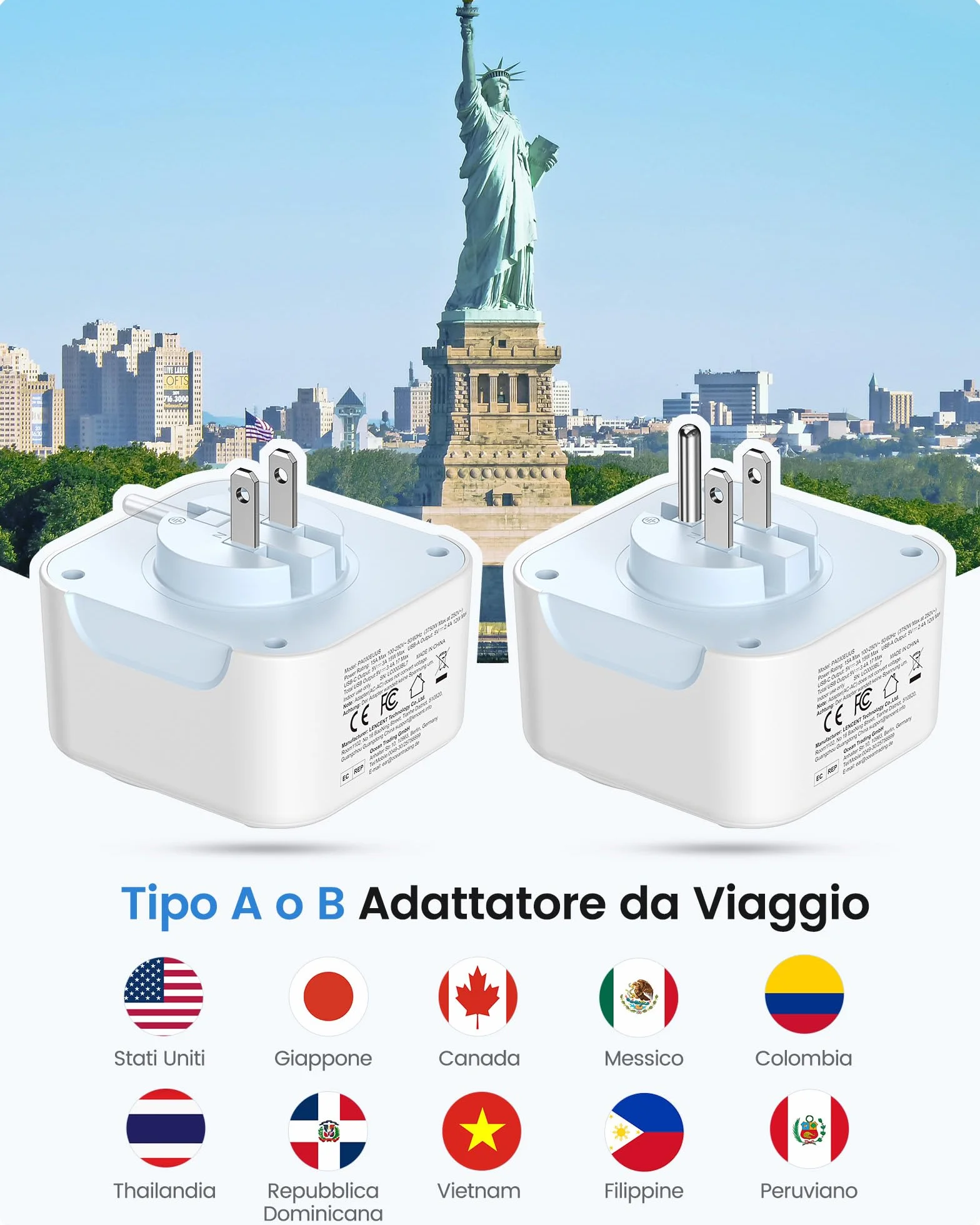 LENCENT Adattatore da Viaggio Tipo A e Tipo B con USB-C Pieghevole, Presa UE a Spina US per Stati Uniti