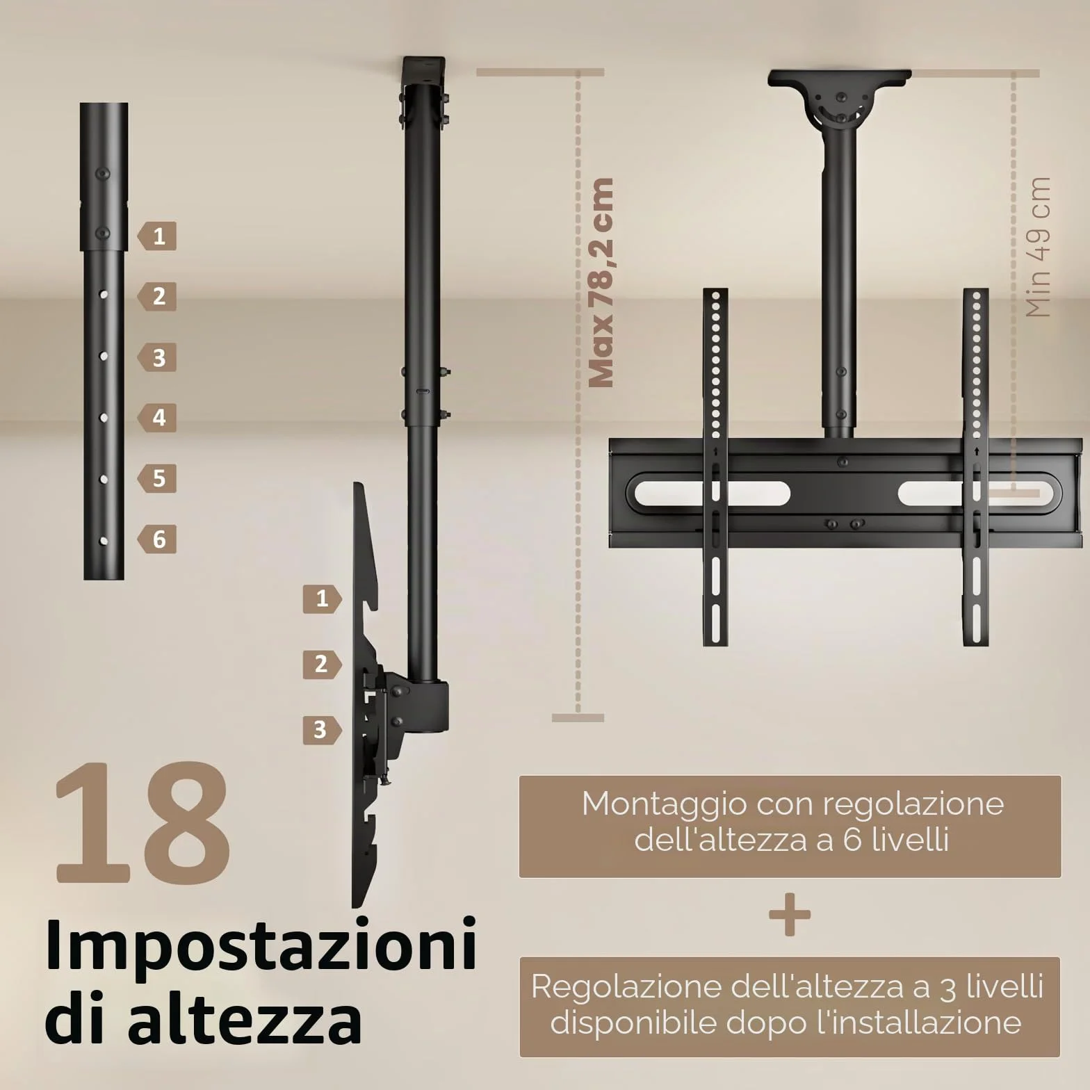 AX WABER Staffa regolabile per TV a soffitto per schermi 26-65 pollici 50 kg 400x400 mm