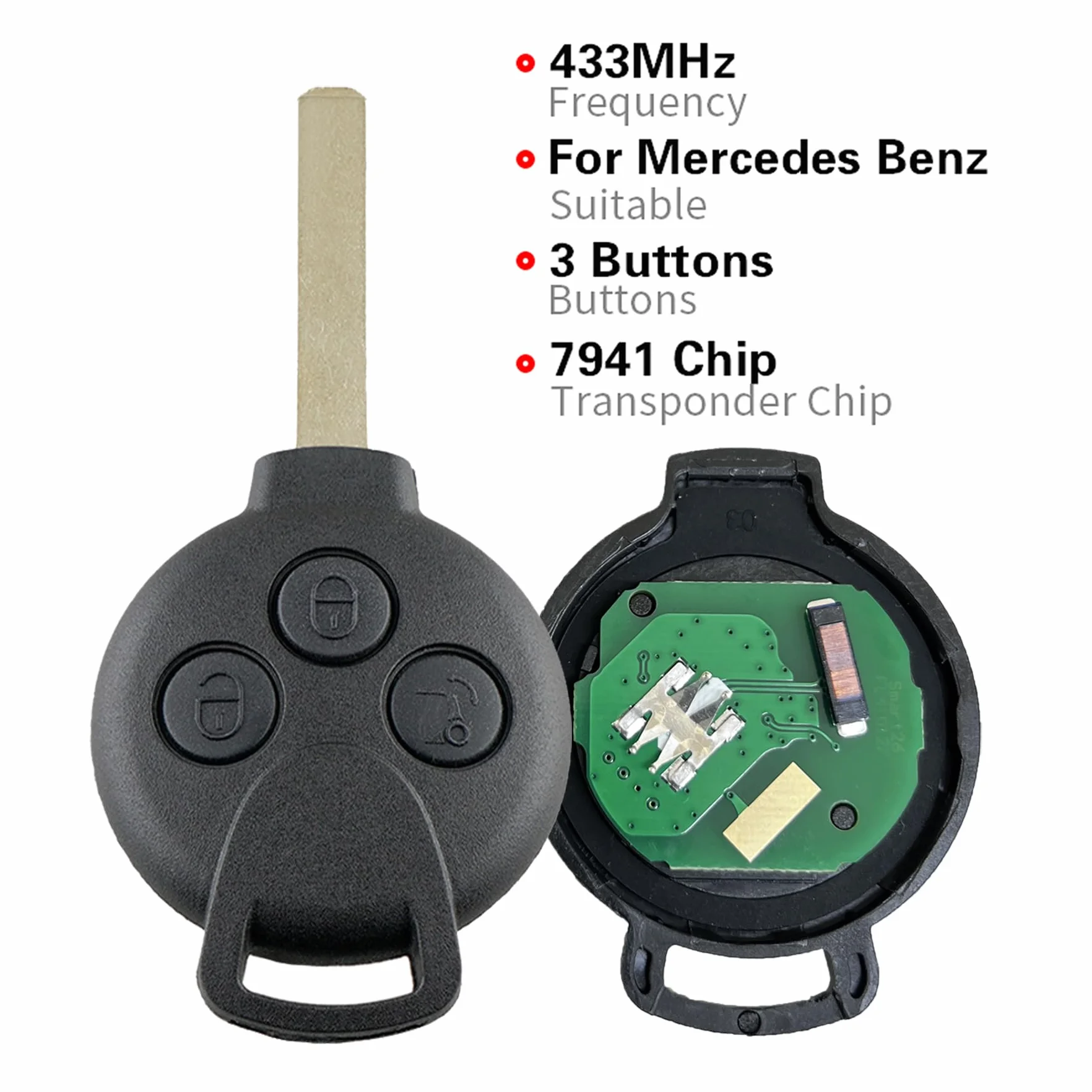 Heart Horse 3 Tasti Ricambio Chiave Telecomando Auto Compatibile Mercedes Benz Smart Fortwo 451 433MHz PCF7941