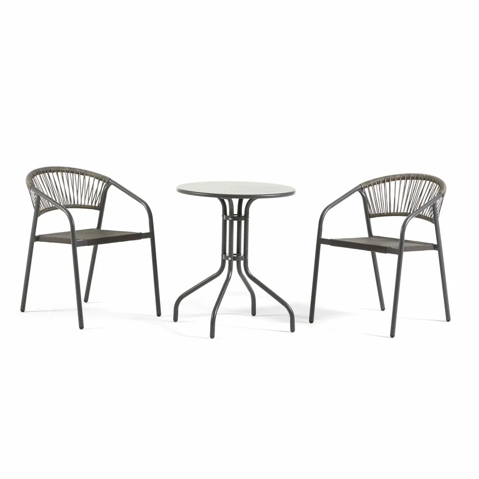 UBERTI. Set bistrò da balcone tavolino rotondo in metallo e 2 sedie in metallo con braccioli impilabili con schienale in corda, set salvaspazio per veranda e giardino - Max & Gaia (Grigio Scuro)