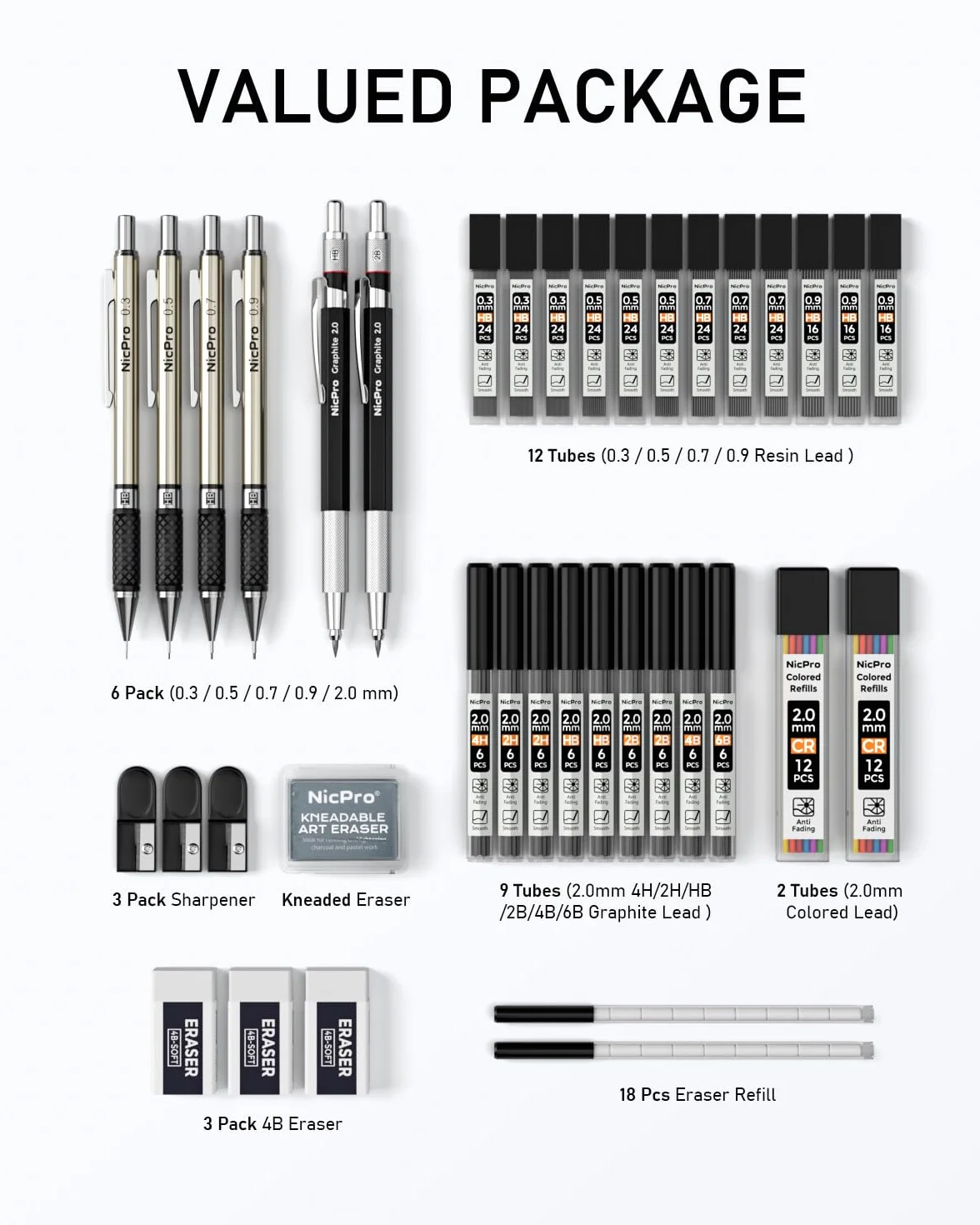 Nicpro 37 pezzi portaminas, matite da disegno metallo 0,3 0,5 0,7 0,9 mm e 2 mm, 6B 4B 2B HB 2H 4H, custodia con 23 ricariche