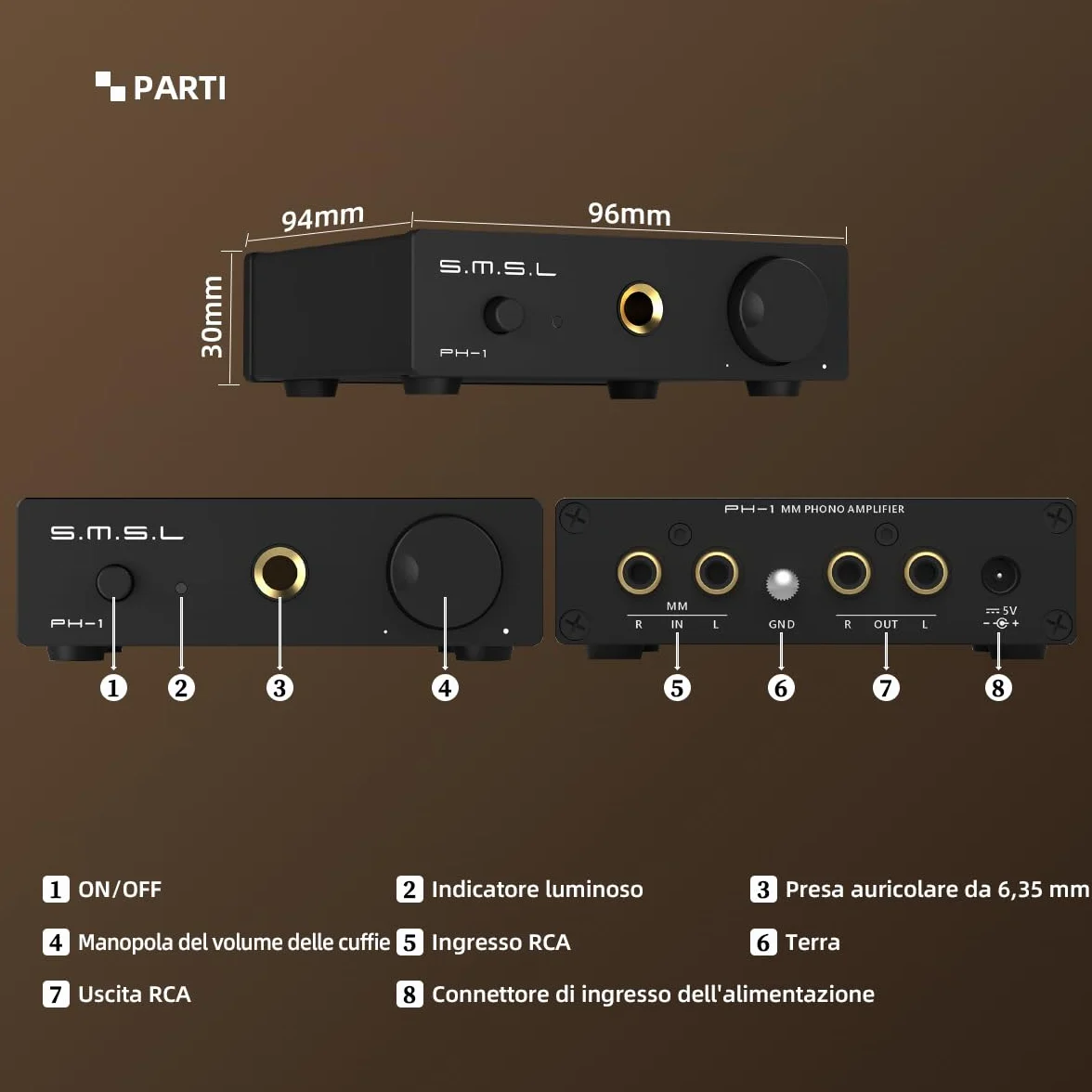 S.M.S.L PH-1 Preamplificatore Phono Mini per Giradischi MM, Amplificatore Audio Stereo HiFi, Preamp con Uscita RCA 6.35mm, Alimentazione DC 5V